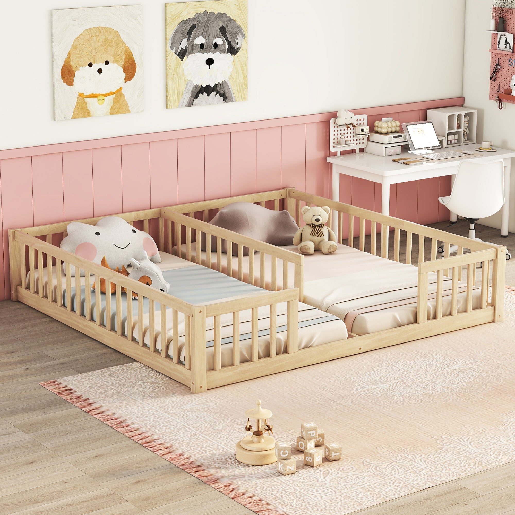 Double Twin Toddler Floor Bed with Fence and Guardrails in Natural Tones