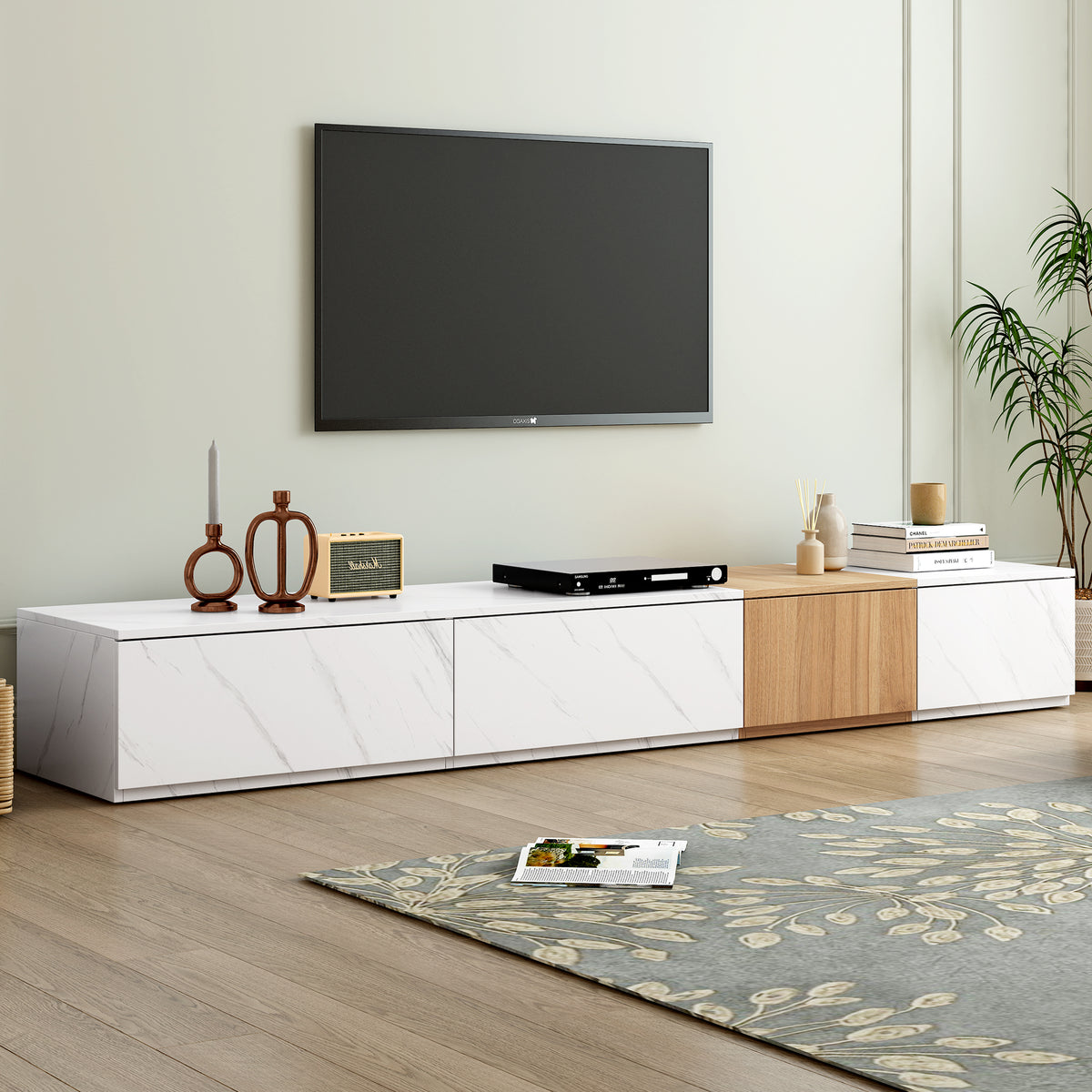 TV Stand with Faux Marble and Walnut Finish for TVs up to 88 Inch Modern Entertainment Center with 4 Storage Drawers In White