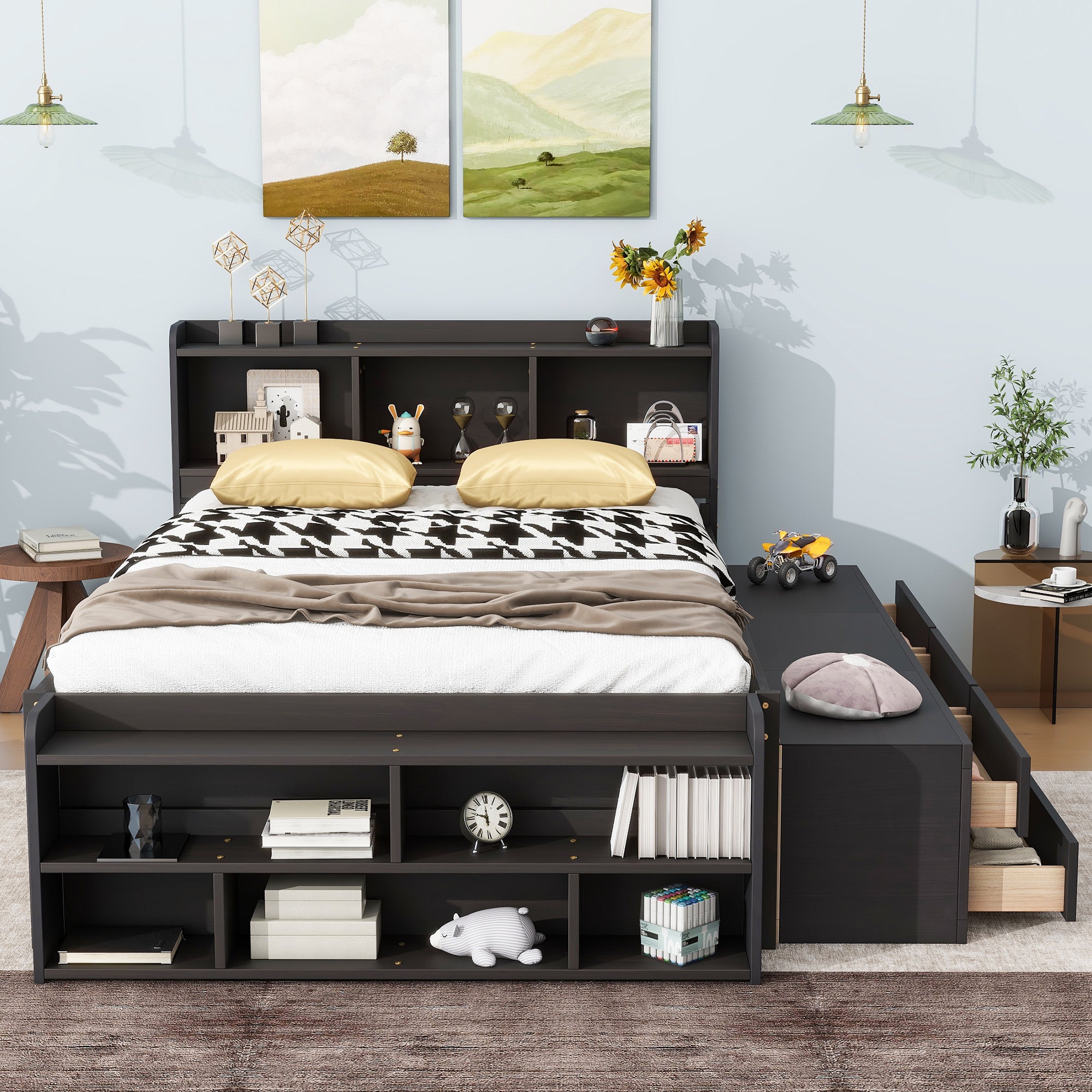 Full Bed with Bookcase Headboard, Under-Bed Storage Drawers & Bed-End Storage Case in Espresso