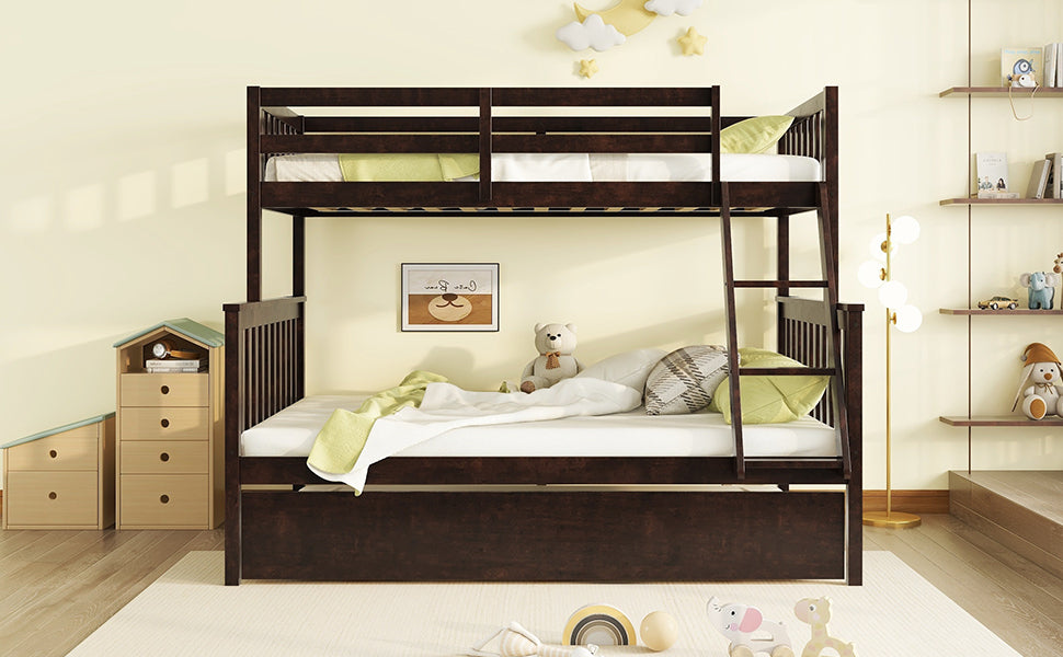 Espresso Twin Over Full Rubber Wood Bunk Bed with Trundle and Detachable Design