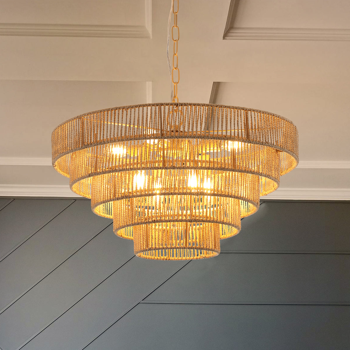 5 Tier Farmhouse Woven Rattan Bohemian Style Chandelier