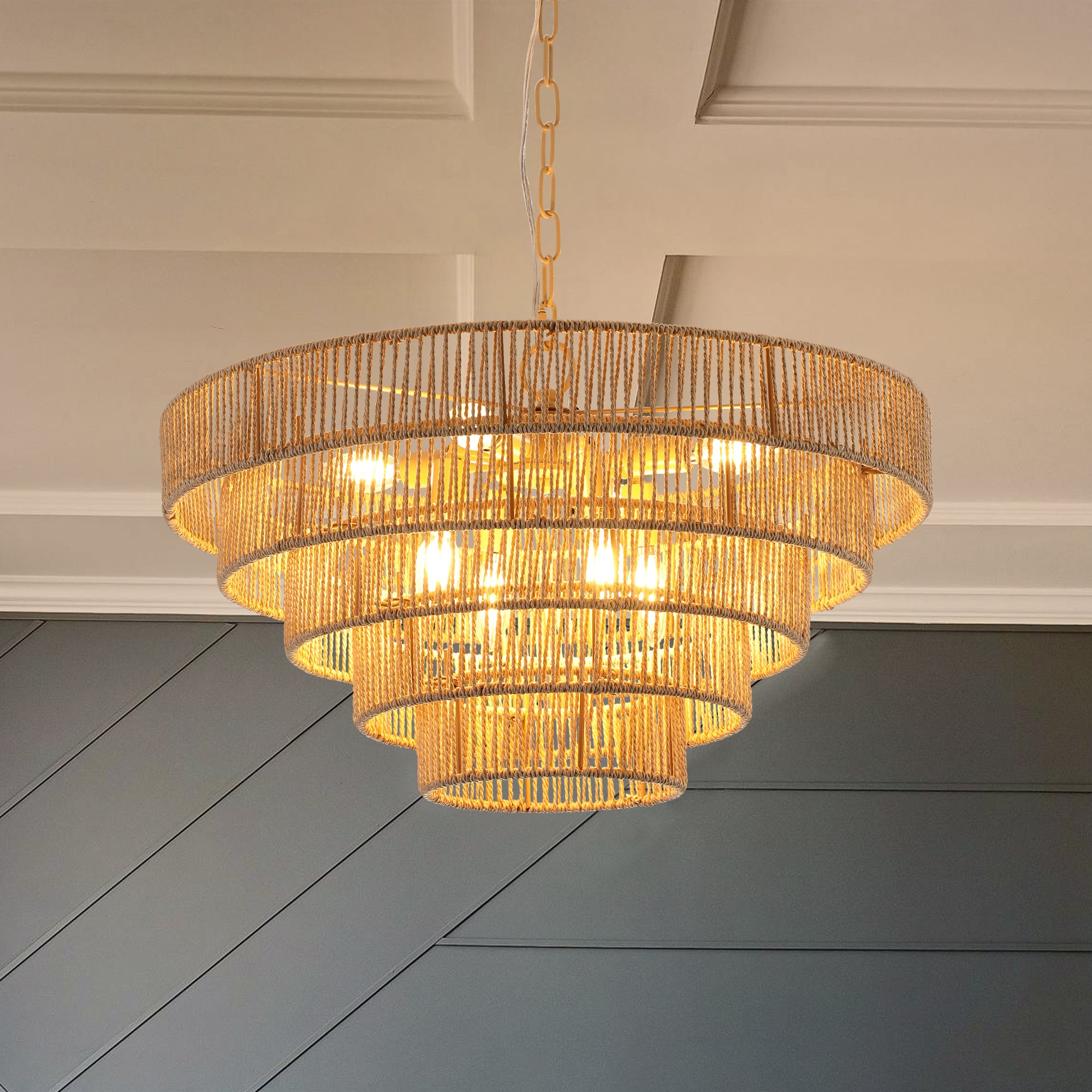 5 Tier Farmhouse Woven Rattan Bohemian Style Chandelier