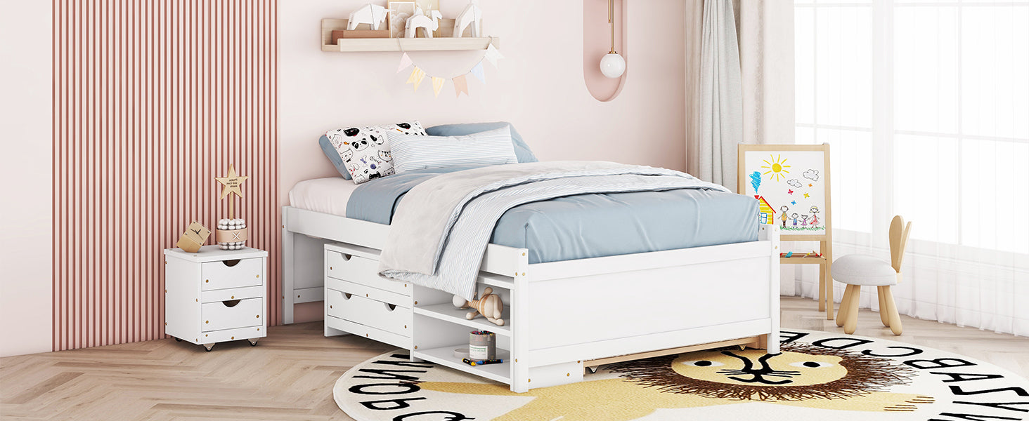 White Versatile Full Bed & Nightstand with Trundle and Underbed Storage Box