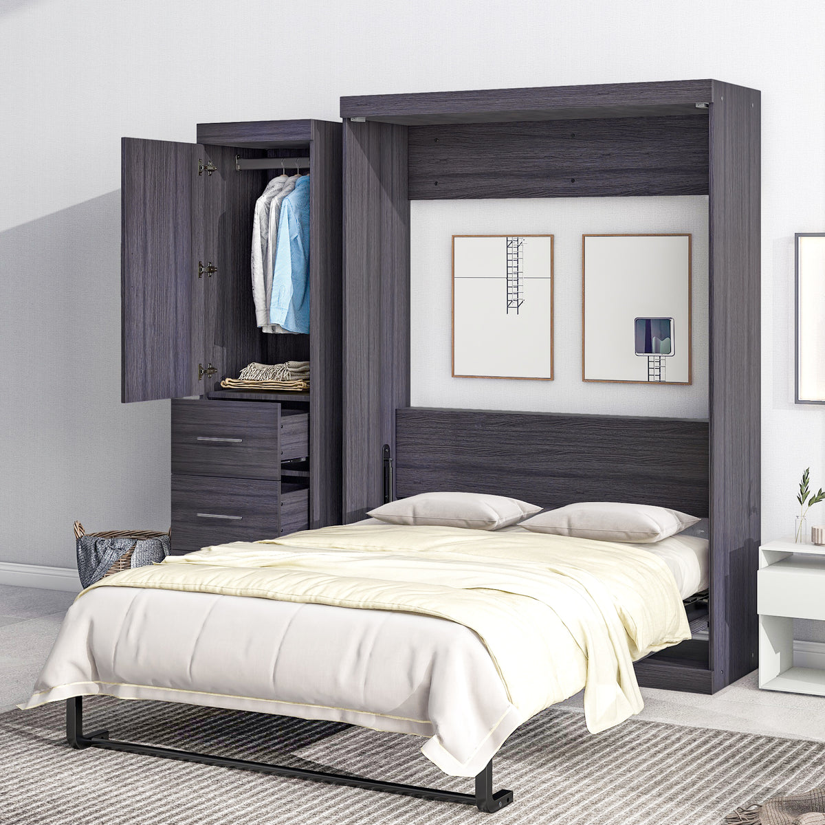 Full Size Murphy Bed with Wardrobe and Drawers Foldable Storage Cabinet In Gray