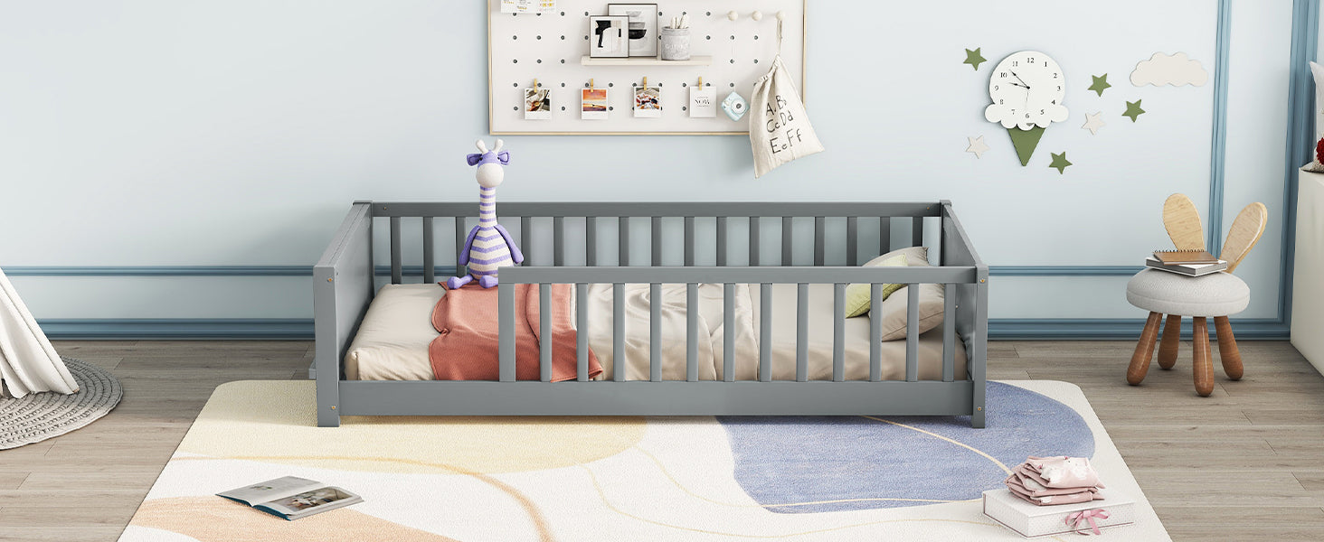 Gray Twin Toddler Floor Bed with Built-in Book Storage Rack