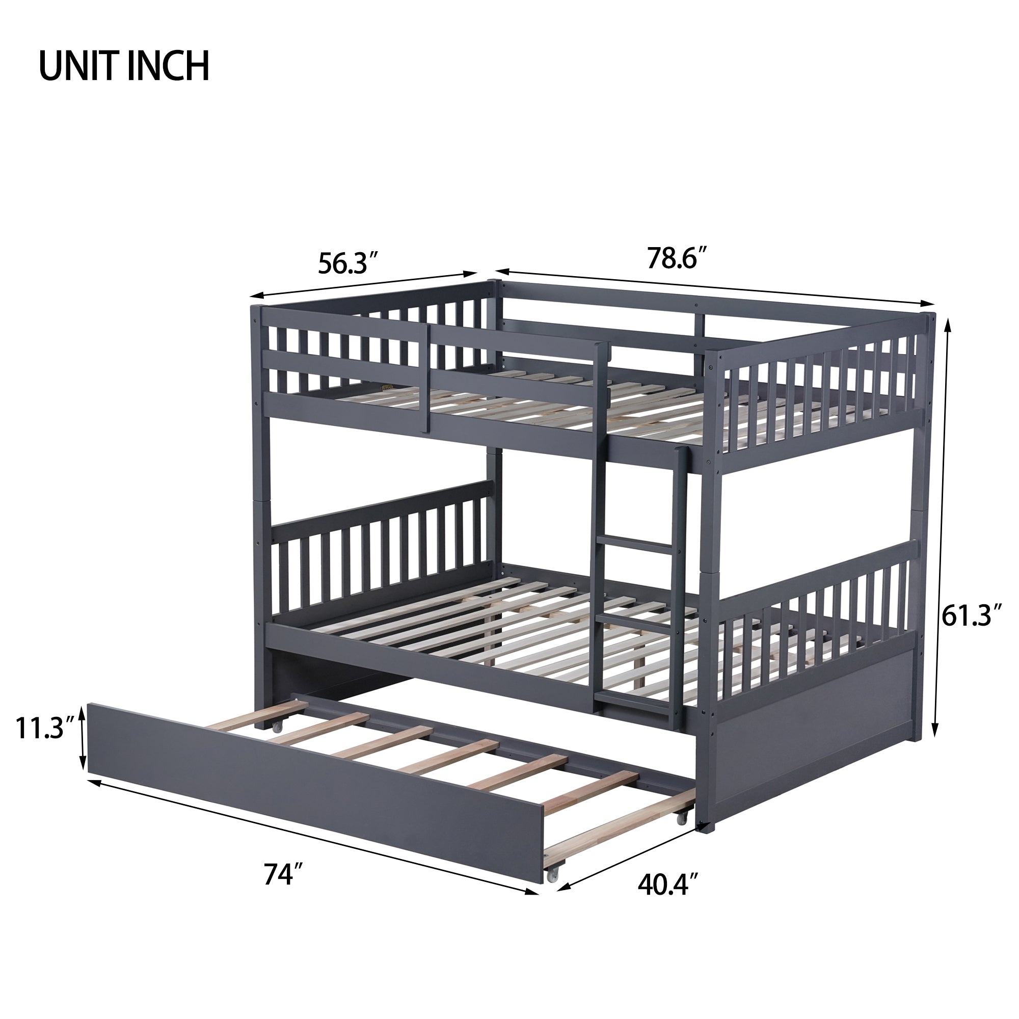 Dark Gray Full Over Full Rubber Wood Bunk Bed with Trundle, Ladder, and Guardrails