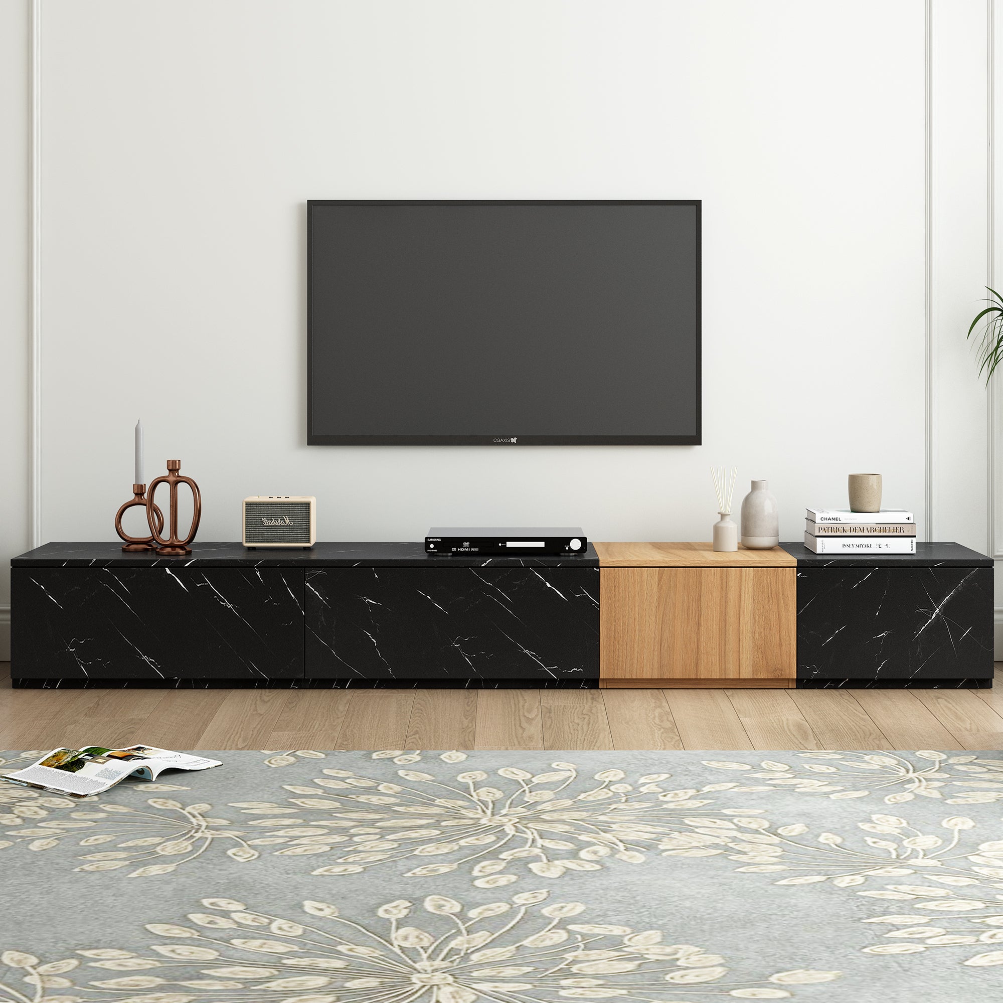 TV Stand with Faux Marble and Walnut Finish for TVs Up to 88 Inches Modern Free-Combination Entertainment Center with 4 Drawers In Black