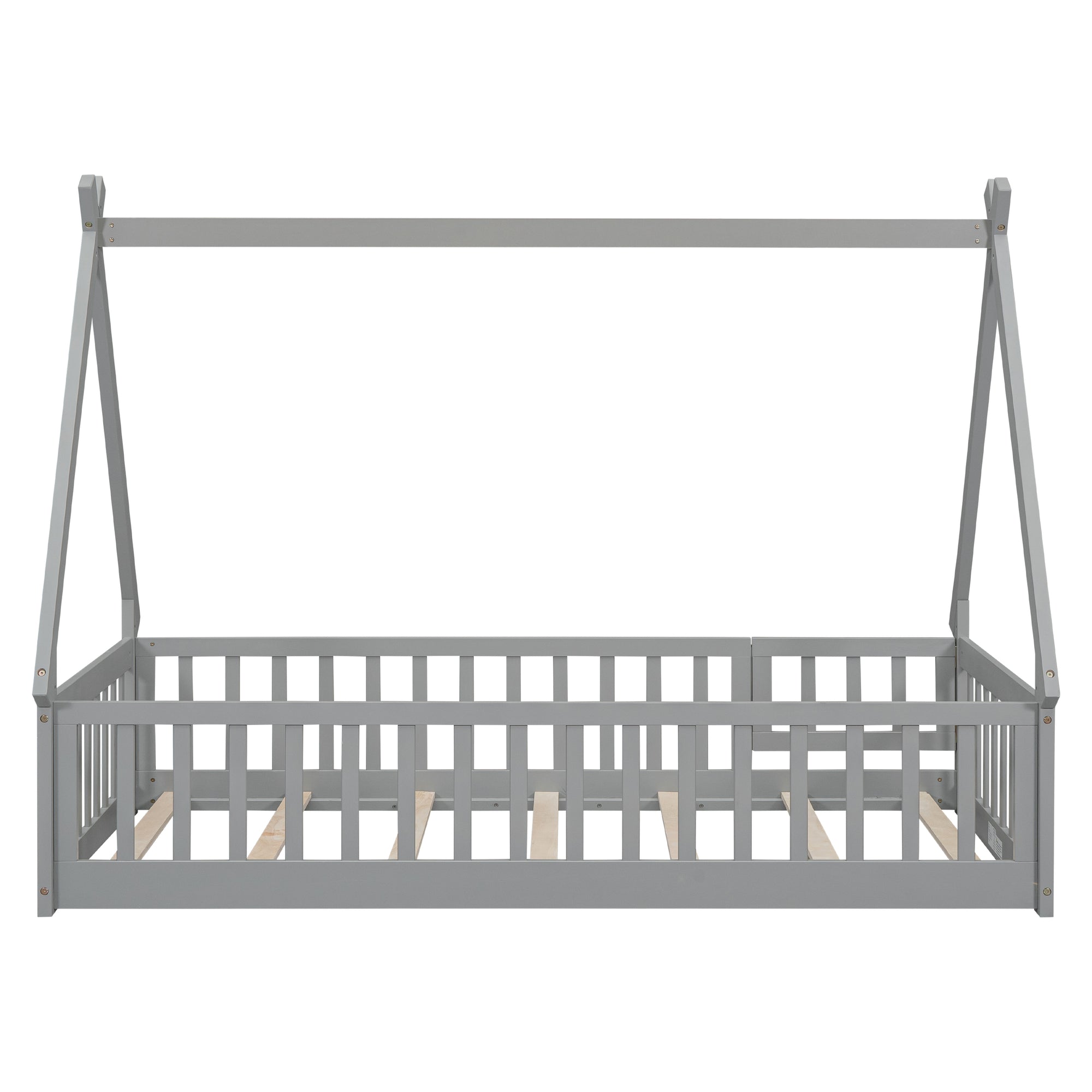 Gray Twin Tent-Shaped Toddler Floor Bed with Guardrails, Slats, and Door