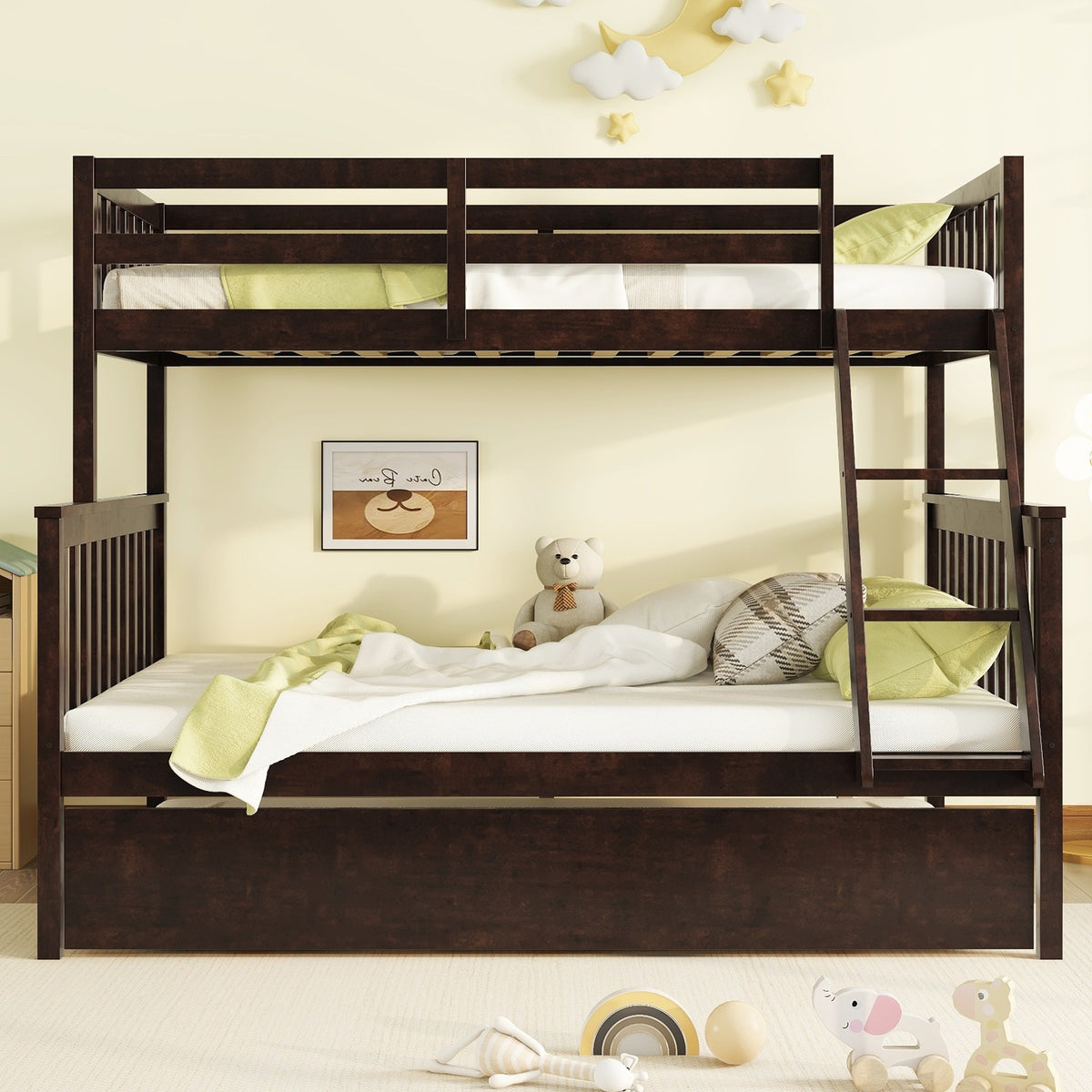 Espresso Twin Over Full Rubber Wood Bunk Bed with Trundle and Detachable Design