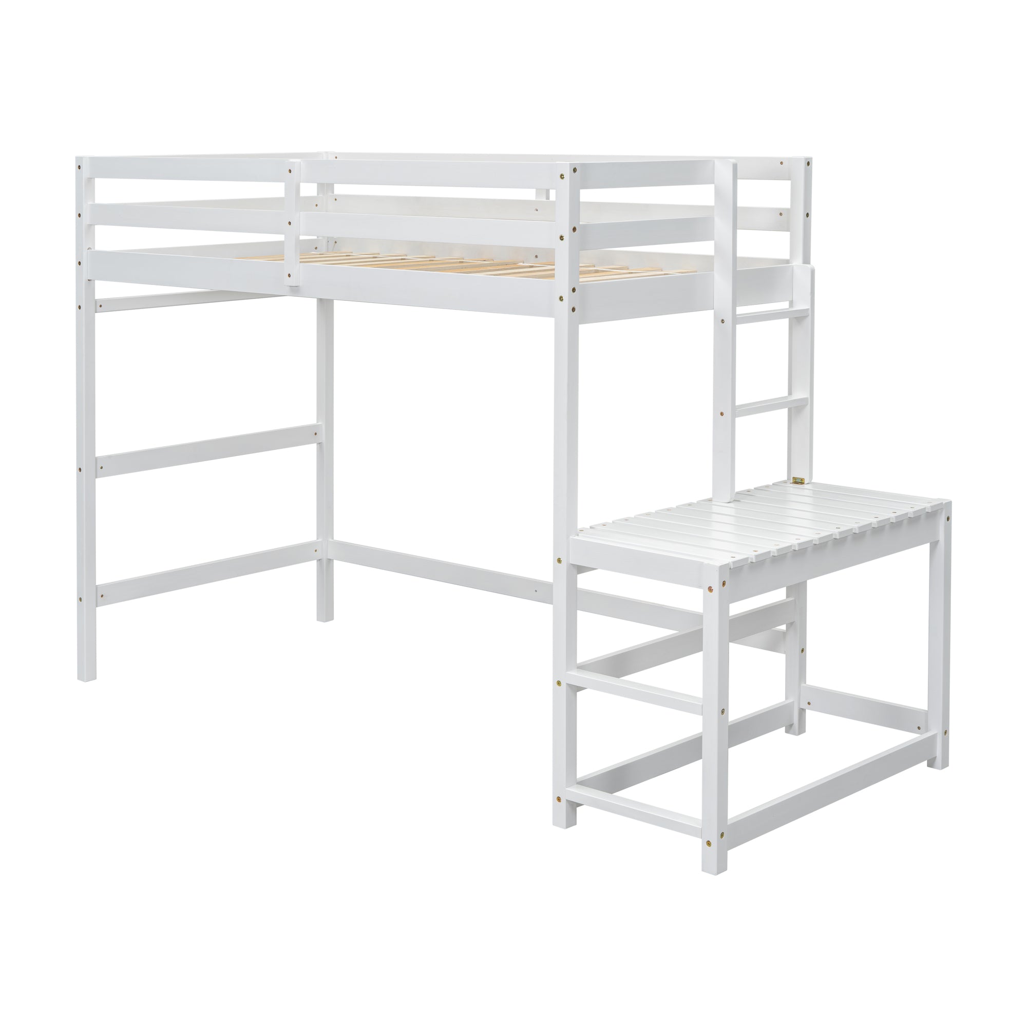 White Twin High Loft Bed with Ladder Landing Platform, Ladders, and Guardrails