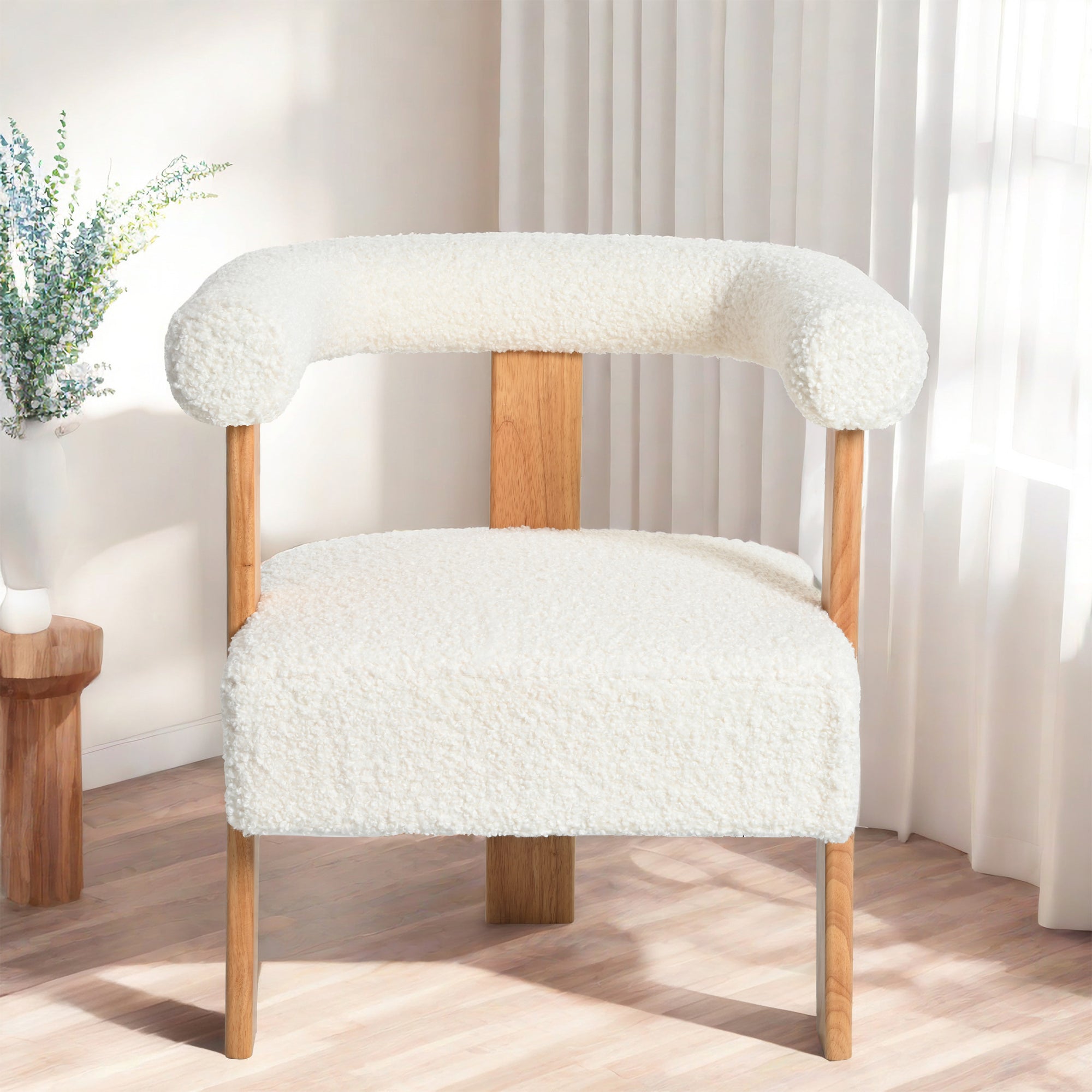 Mid-Century Modern Barrel Accent Chair In White Teddy