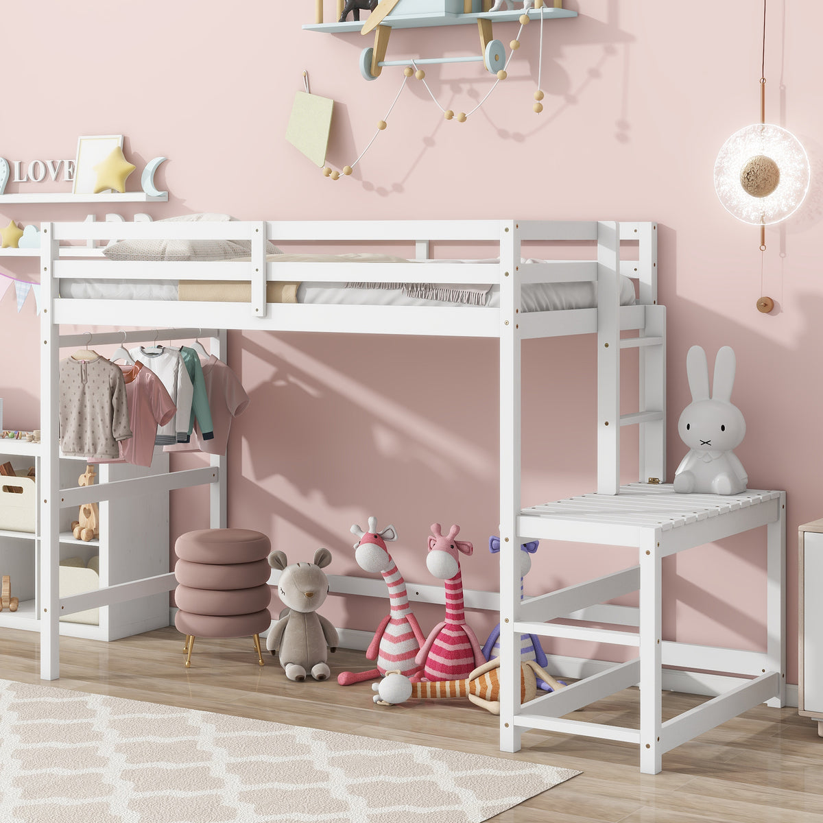 White Twin High Loft Bed with Ladder Landing Platform, Ladders, and Guardrails