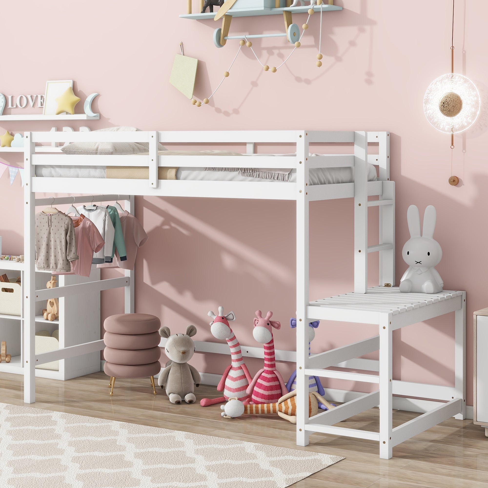 White Twin High Loft Bed with Ladder Landing Platform, Ladders, and Guardrails