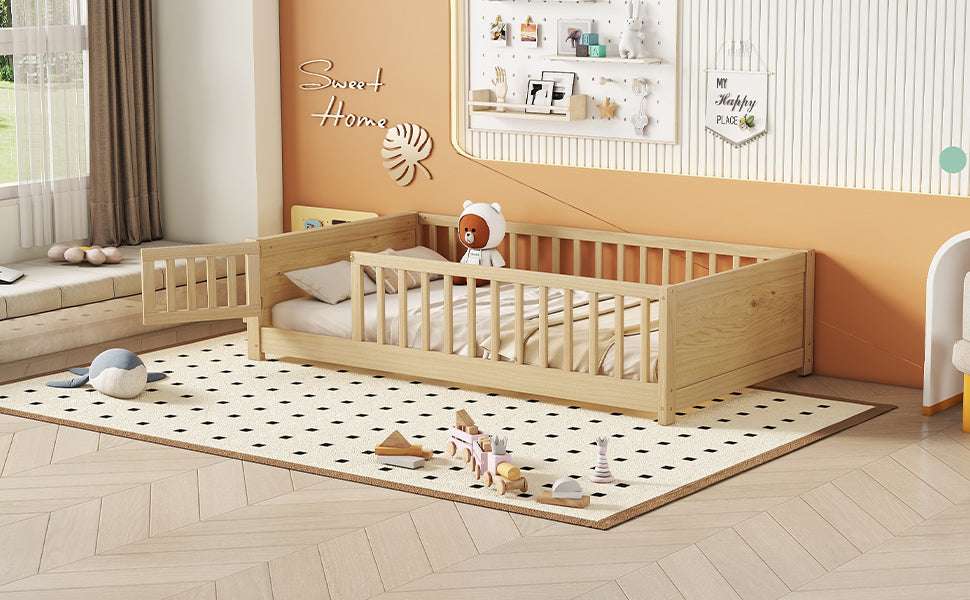 Natural Finish Twin Size Toddler Floor Platform Bed with Built-in Book Storage Rack and Door