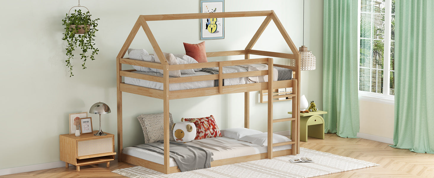 White Oak Twin Over Twin Rubber Wood House-Shaped Bunk Bed with Ladder & Guardrails