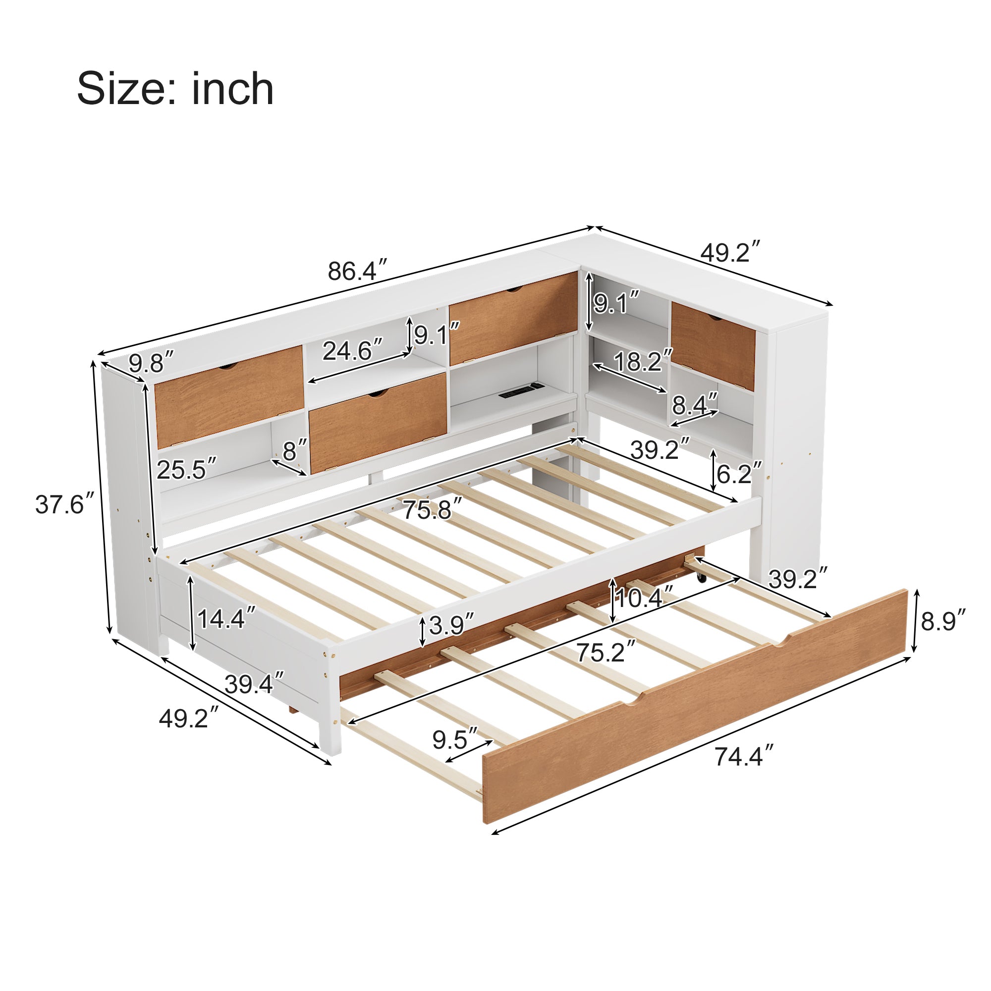 White & Walnut Twin Daybed with L-Shaped Bookcases, Trundle, and LED Downlight