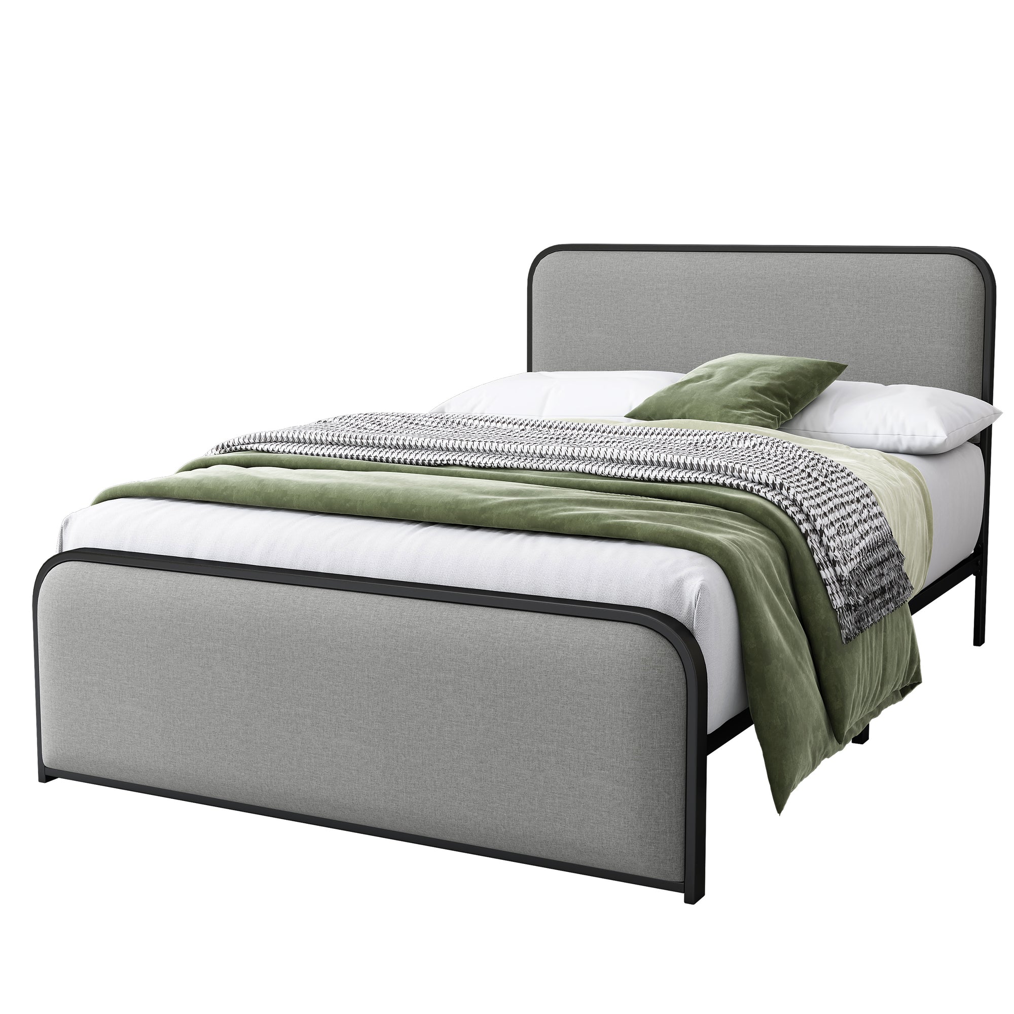 Gray Modern Full Metal Bed Frame with Fabric Headboard and Footboard