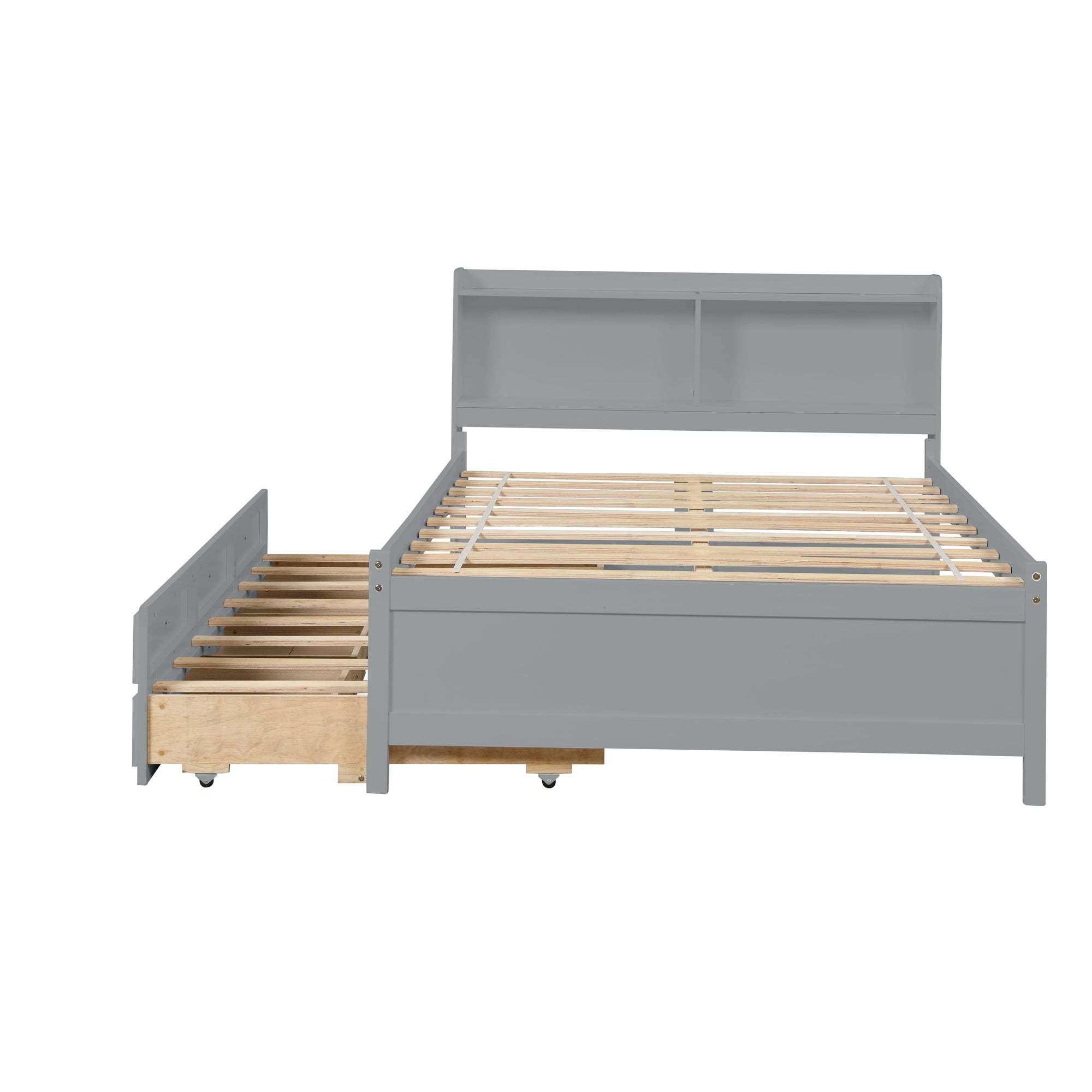 Gray Full Bed with Bookcase, Twin Trundle, and Drawers