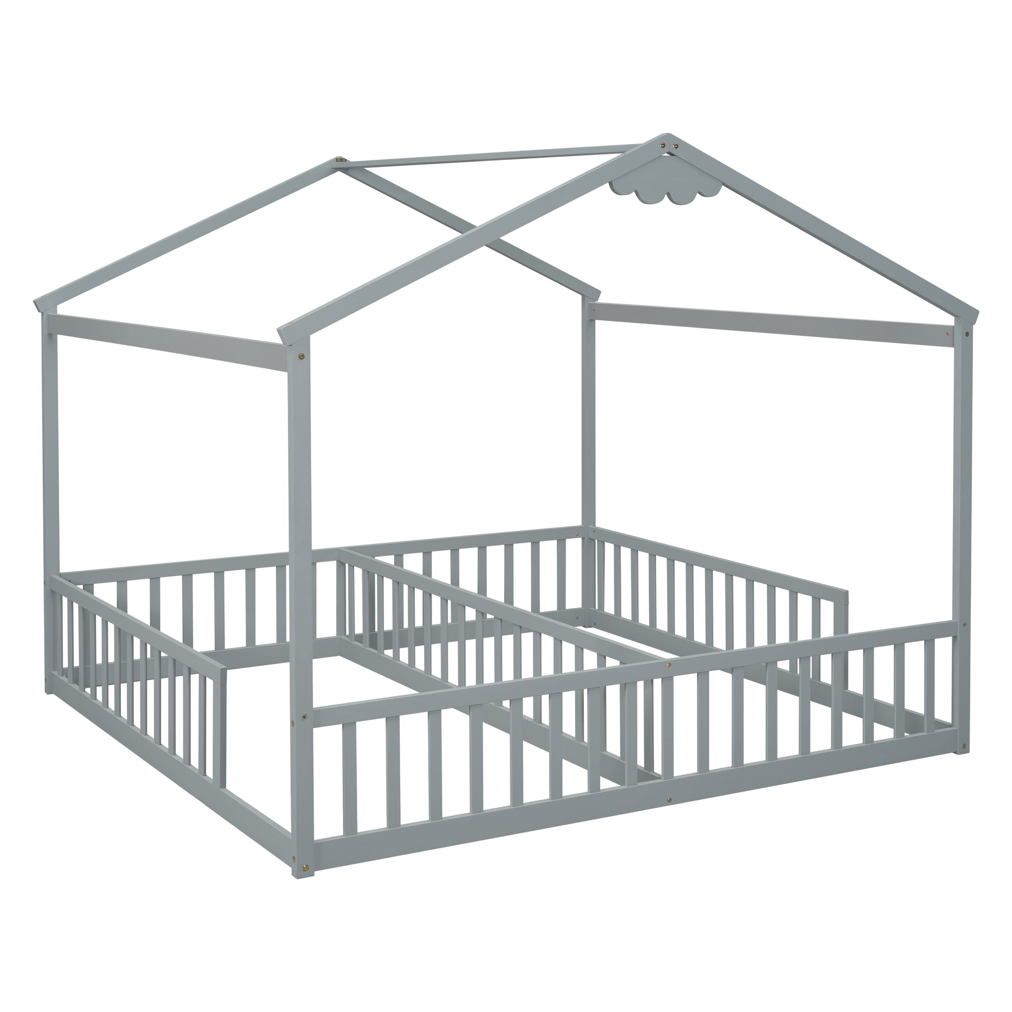 Gray Double Twin House-Style Toddler Floor Bed with Fence and Guardrails