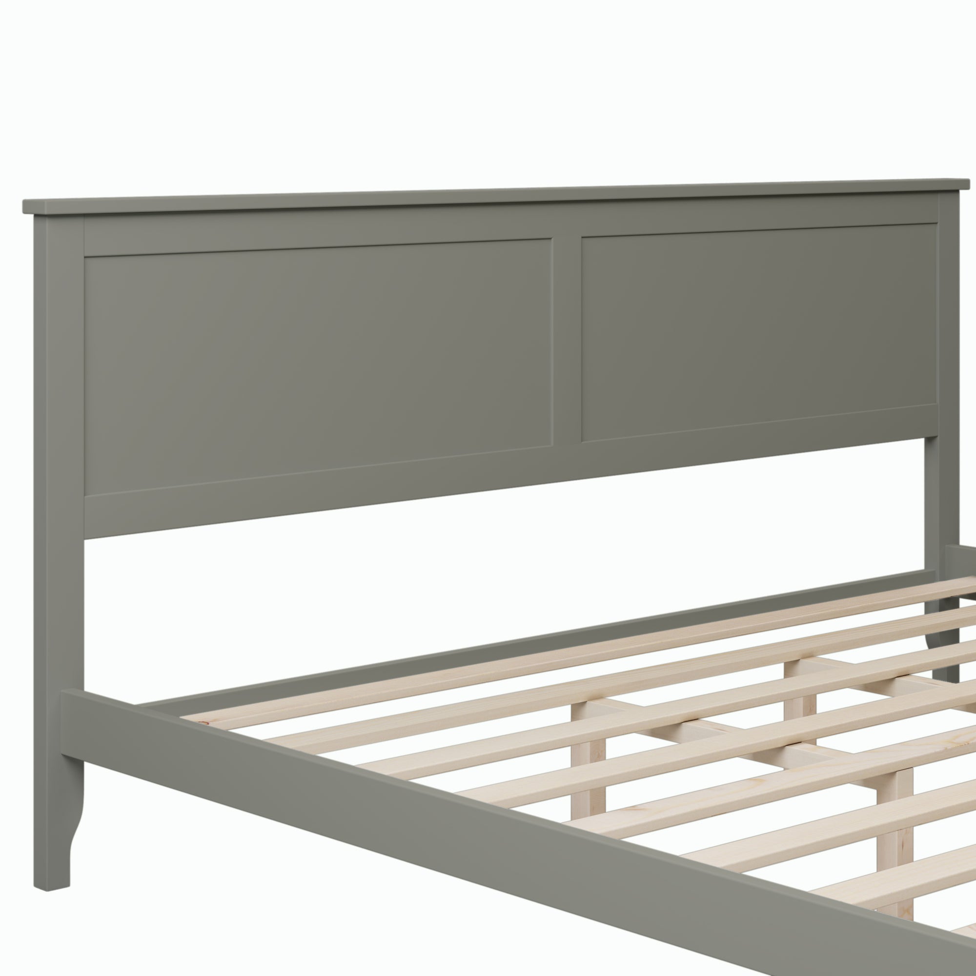 Gray King Bed Frame with Slat Headboard On Solid Wood Platform