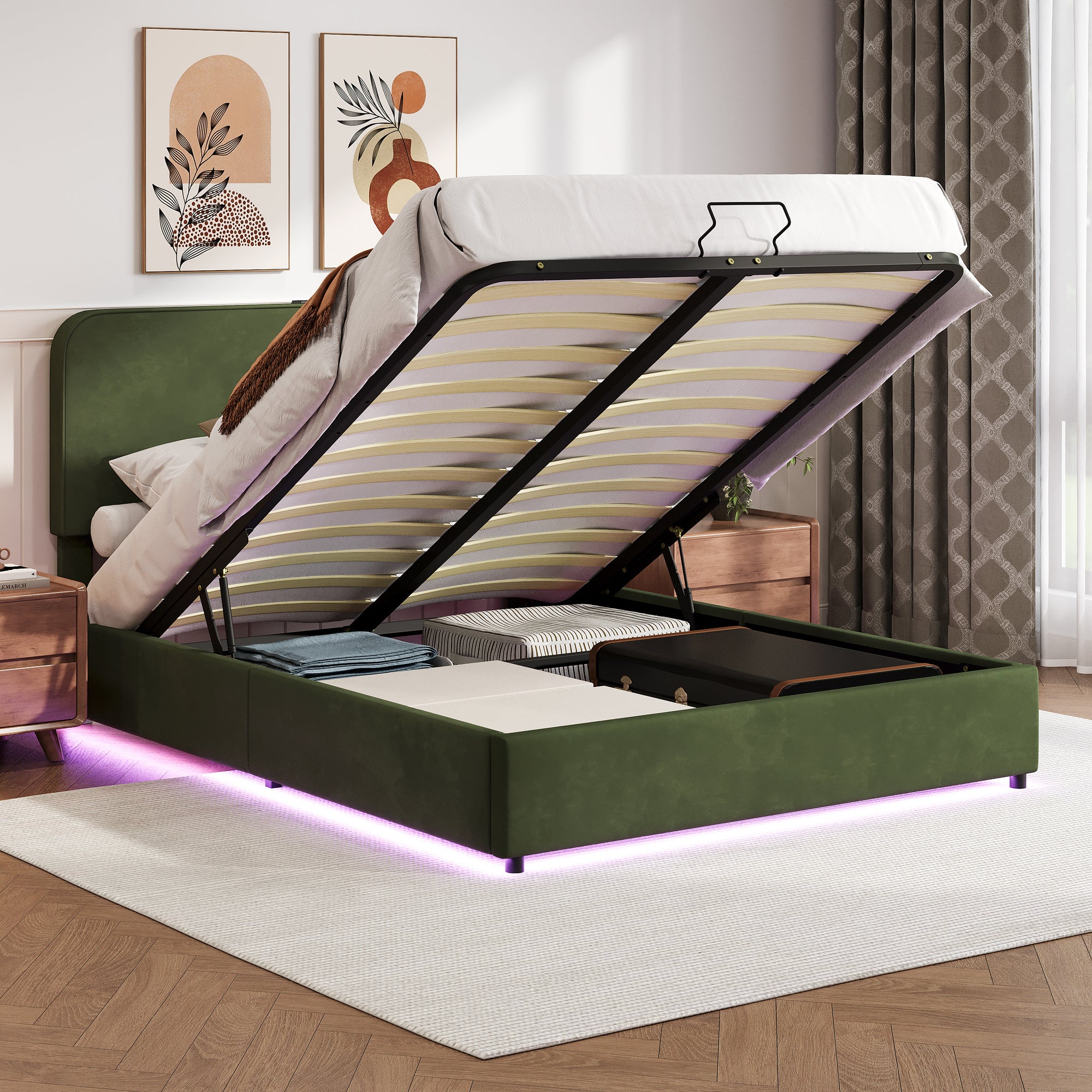 Queen Size Bed with Hydraulic Storage, LED Lights & Bluetooth Speaker