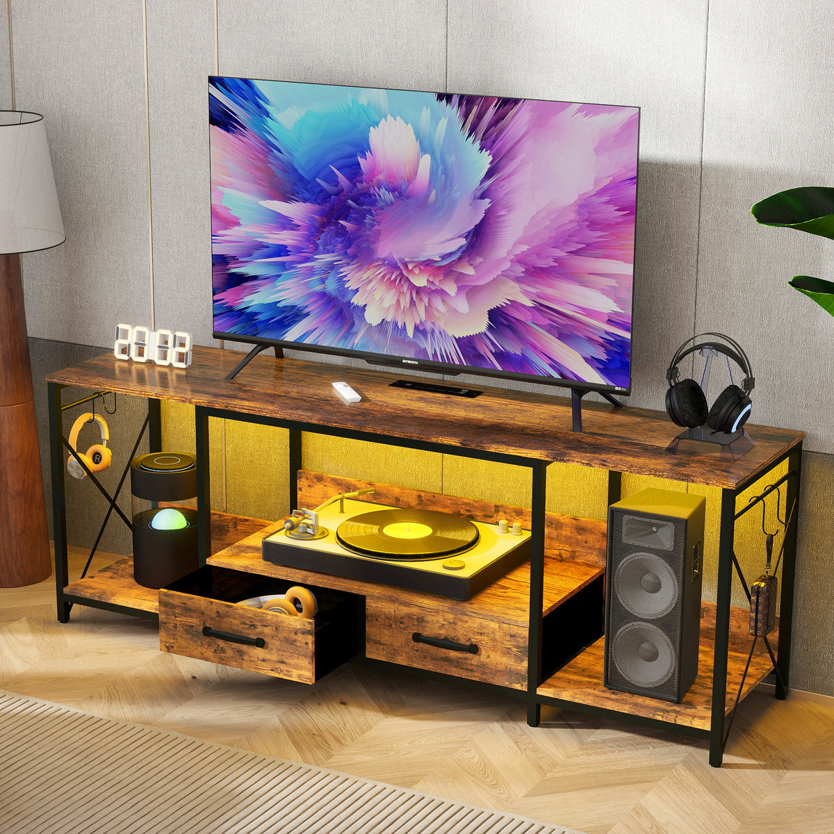 TV Stand with LED Lights Power Outlets and Fabric Drawers for 65 to 75 Inch TV - Industrial Entertainment Center with Open Storage Shelves In Light Brown