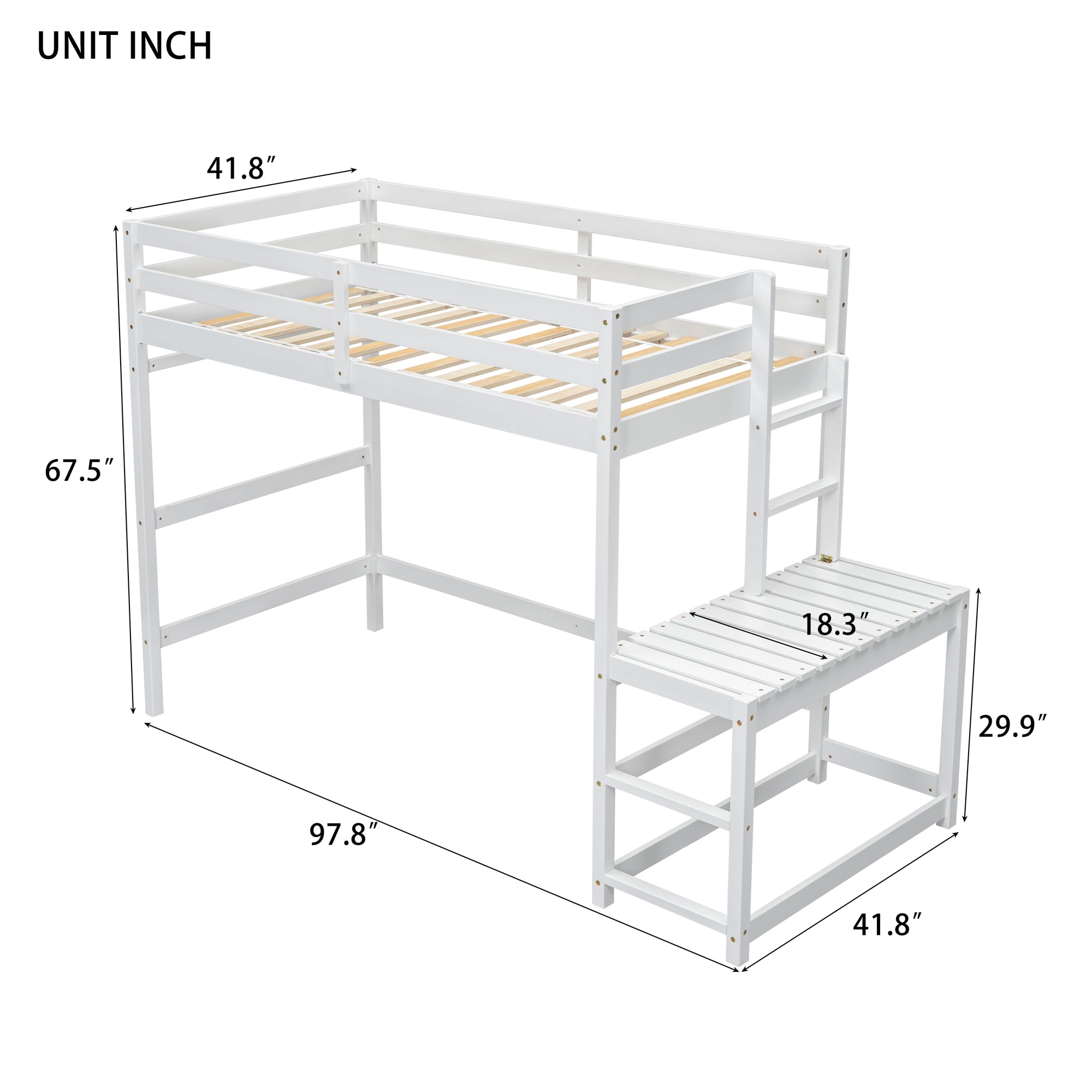 White Twin High Loft Bed with Ladder Landing Platform, Ladders, and Guardrails