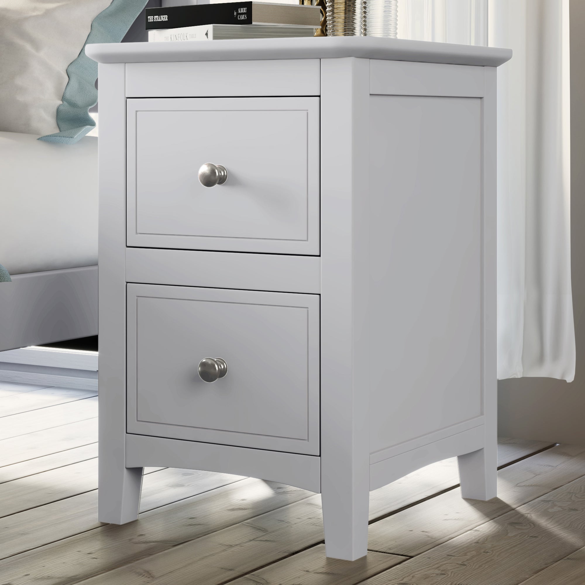 2 Drawers Solid Wood Nightstand End Table With Storage In White