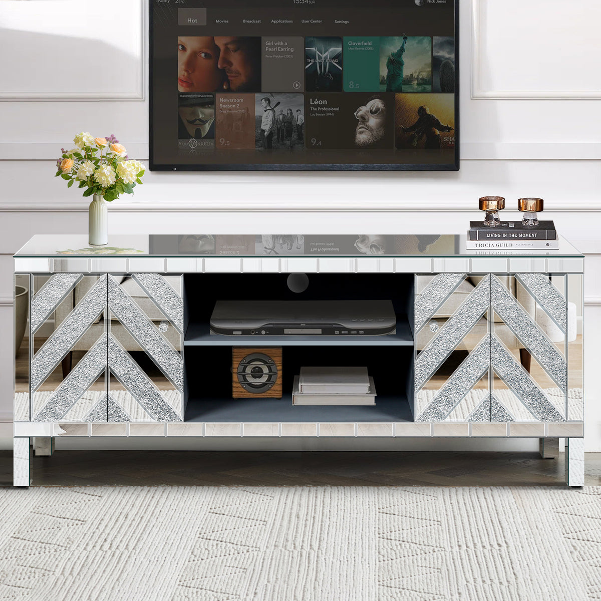 Mirrored TV Stand for 65 Inch TV with Open Storage and 2 Cabinets In Silver