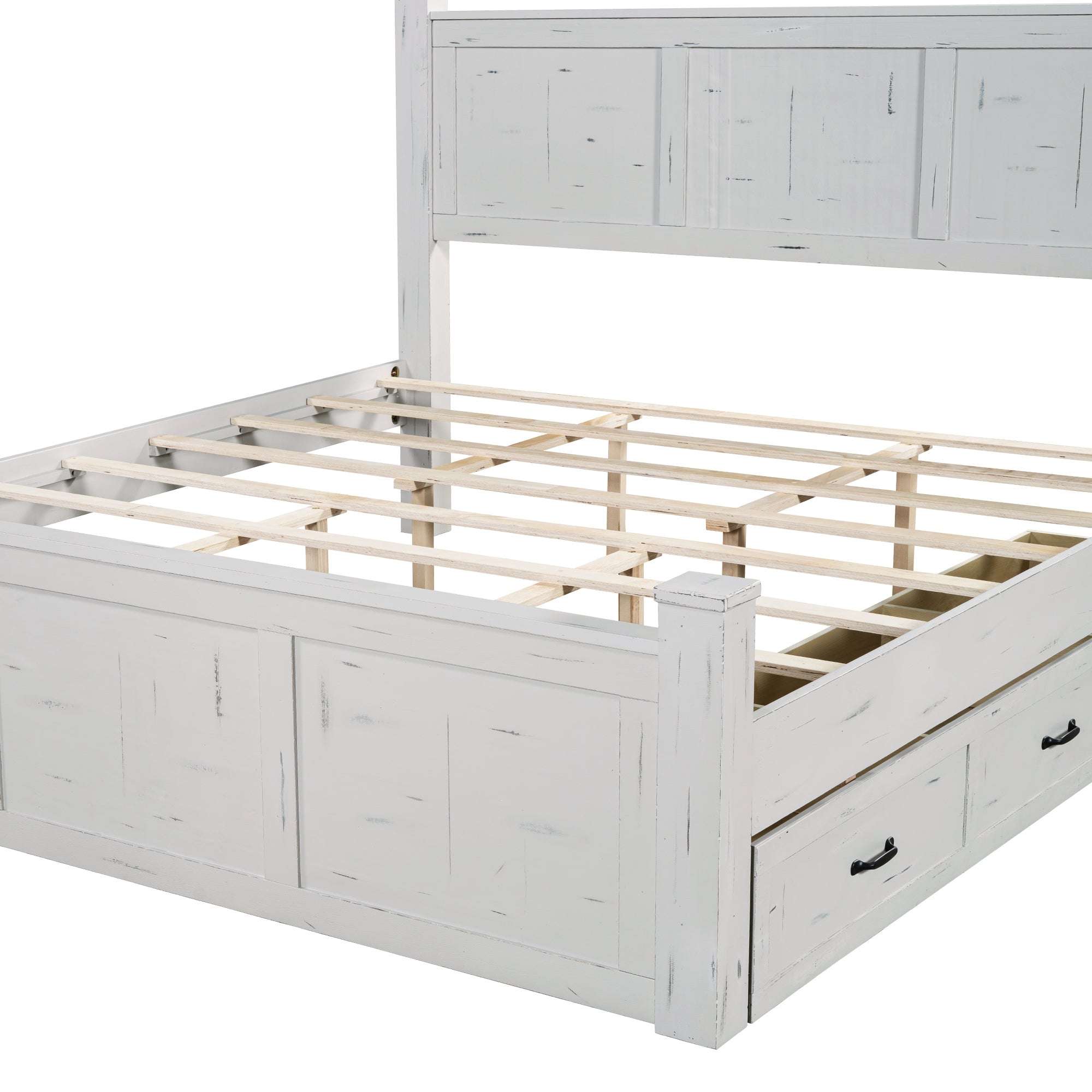 Ancient White King Size Farmhouse Bed with Storage Drawers