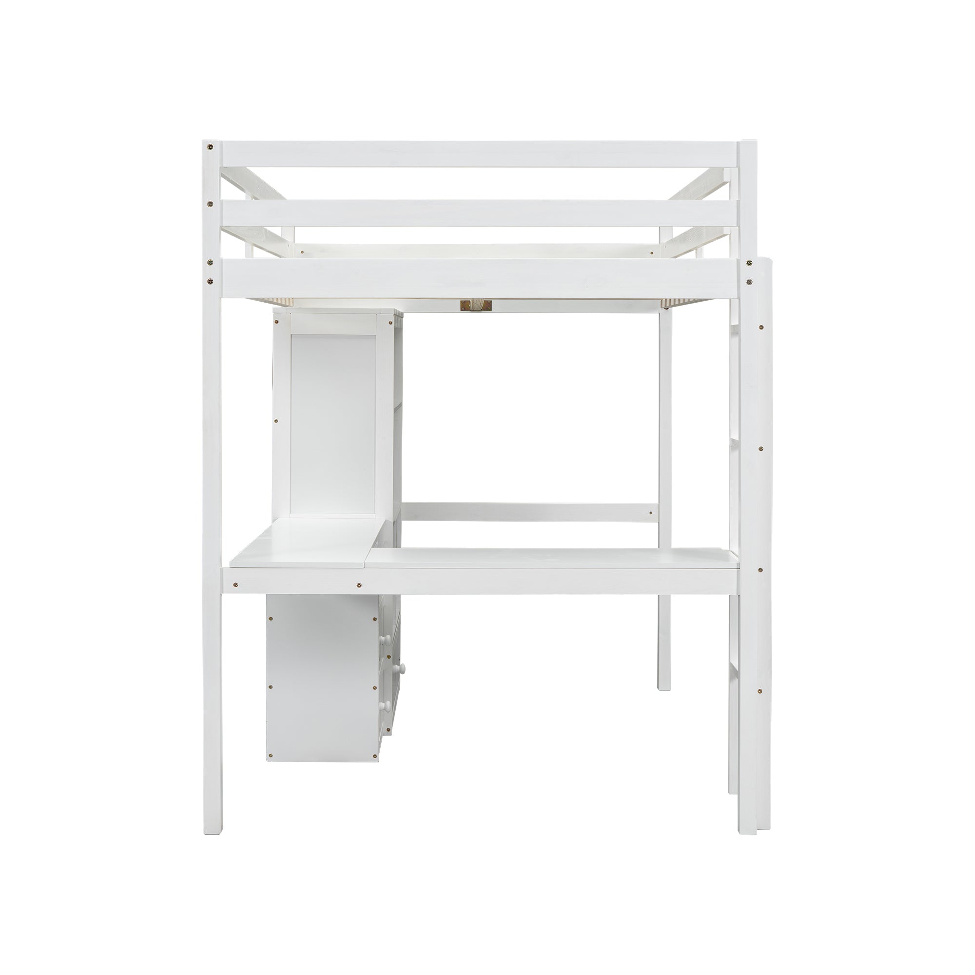 White Full Size Loft Bed with Desk, Storage Shelves, Drawers, and Built-in Ladder