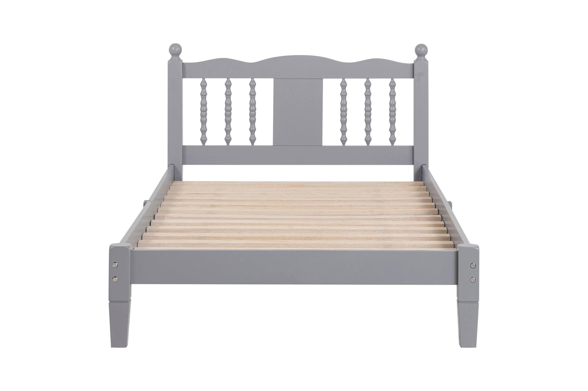 Gray Twin Bed with Column-Decorative Headboard