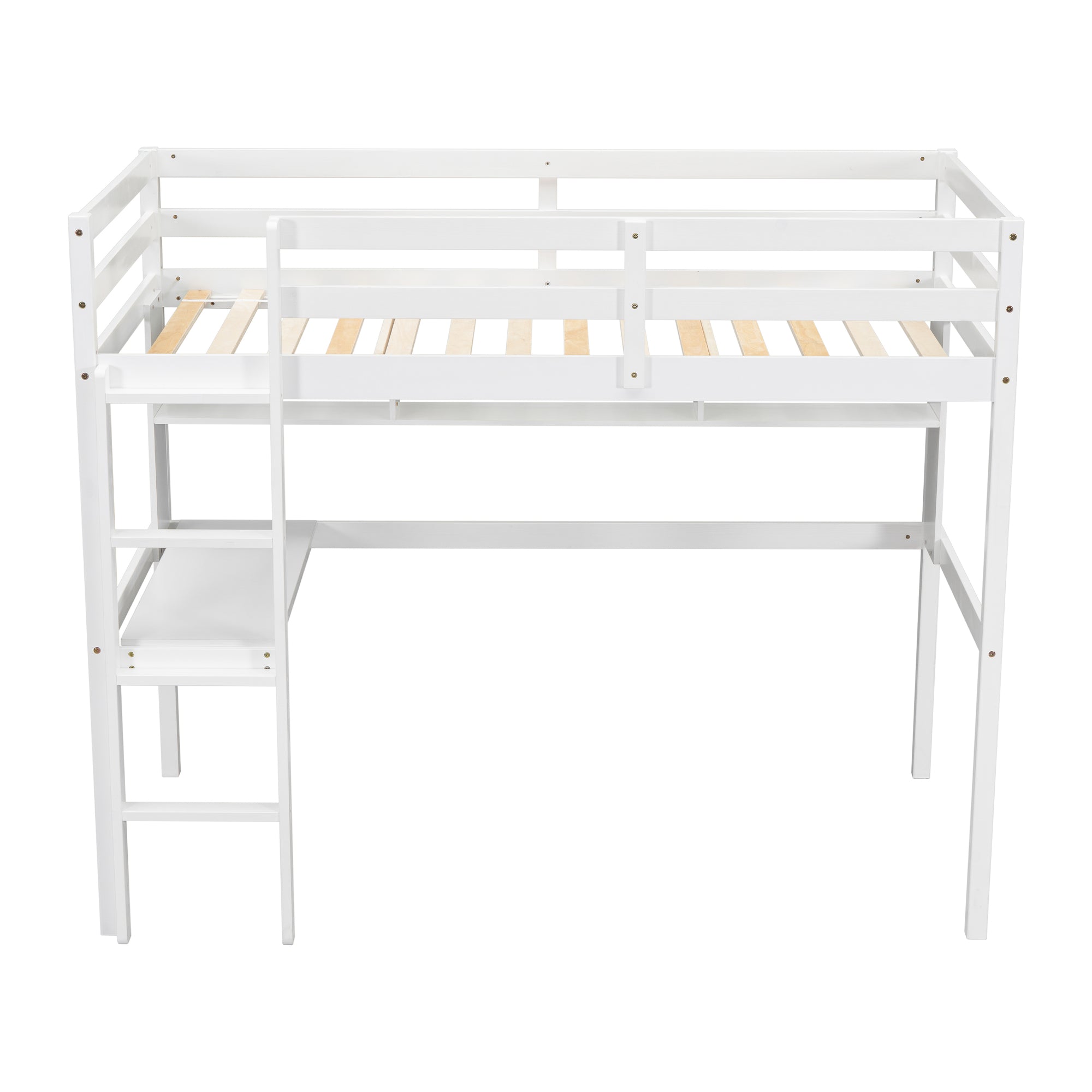 Twin Size Loft Bed For Kids with Desk, Shelves, Safety Guardrail & Ladder