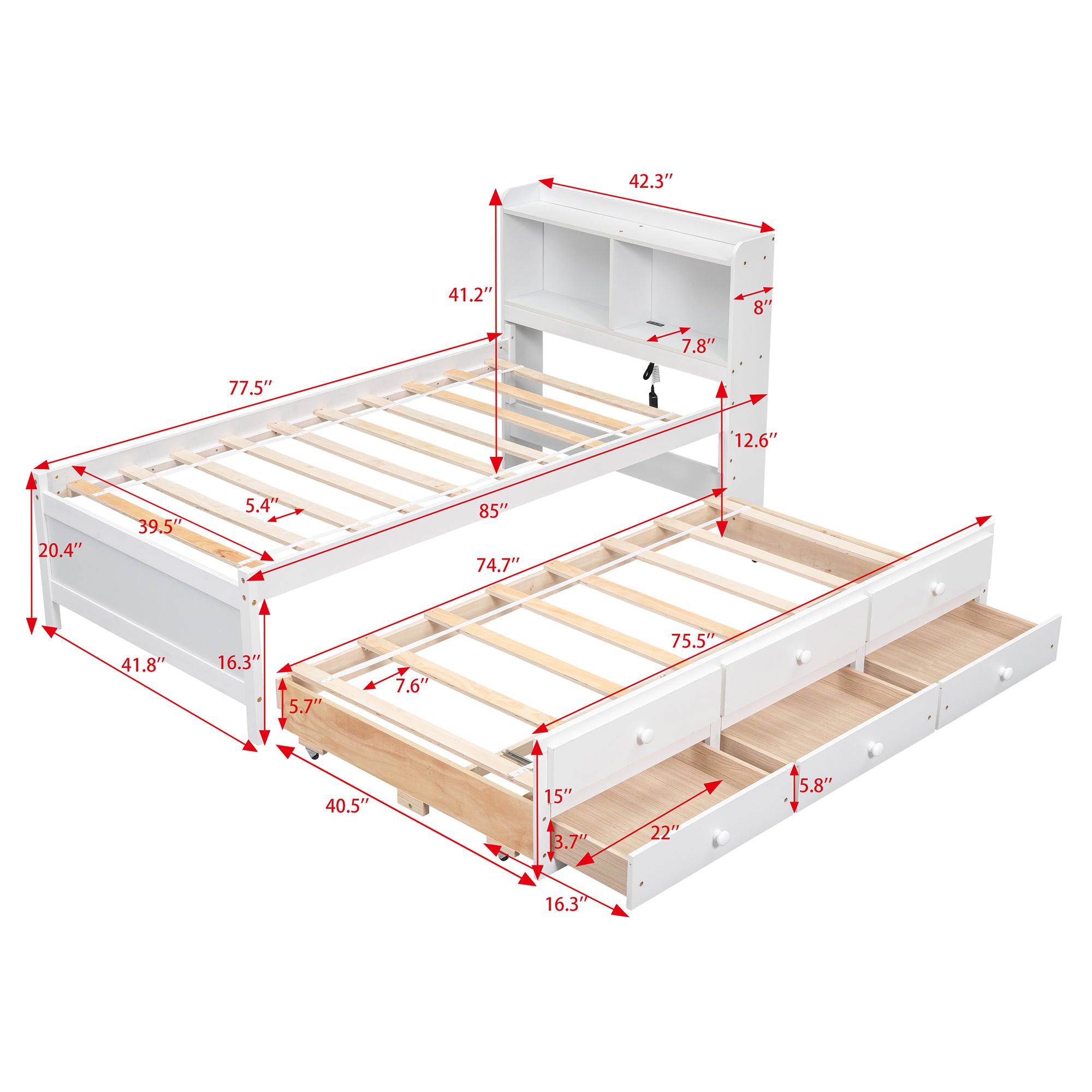 Twin Bed with USB & Type-C Ports, LED Lights, Bookcase Headboard, Trundle & 3 Drawers In White