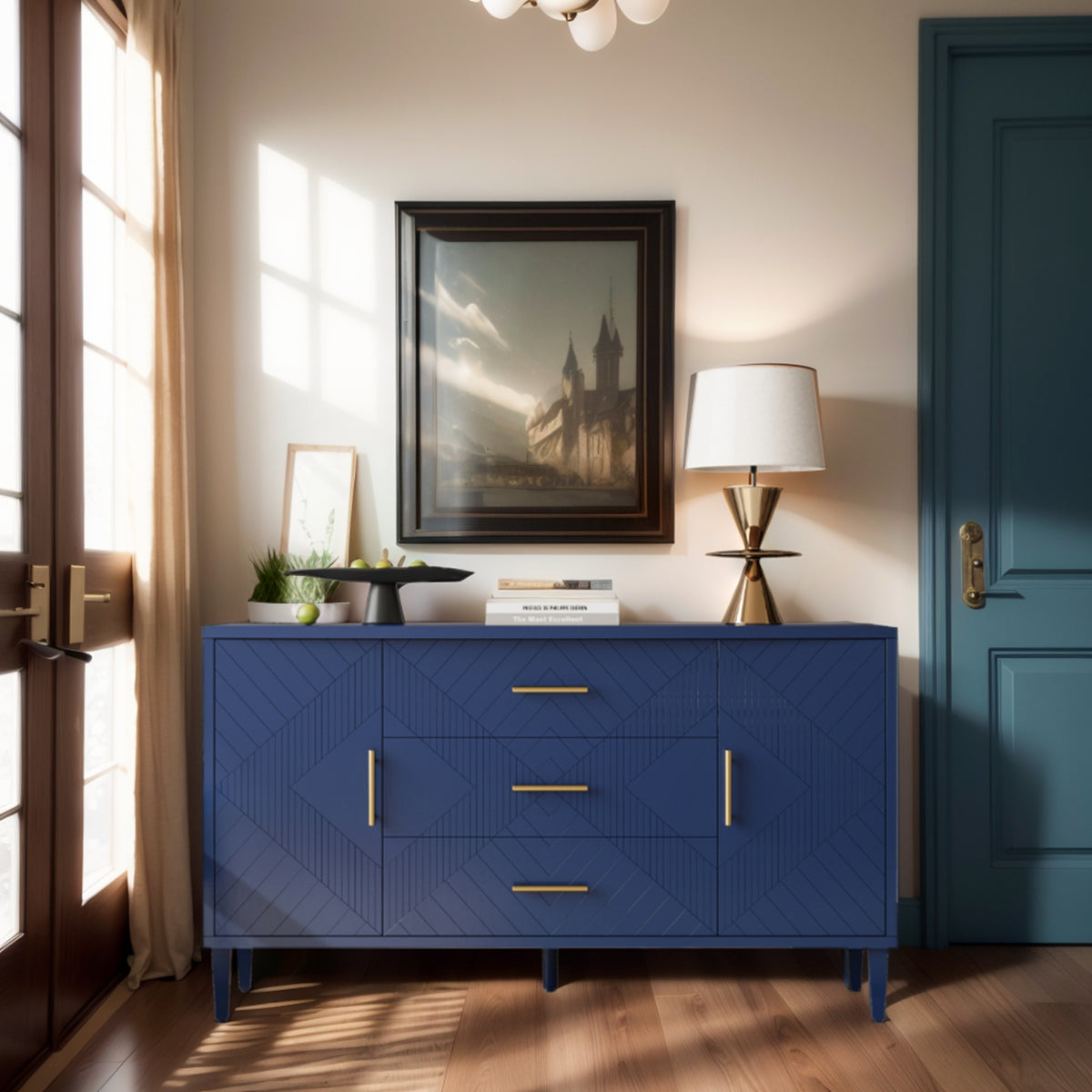 55&quot; Navy Blue 2-Door Cabinet with 3 Drawers &amp; Geometric Pattern