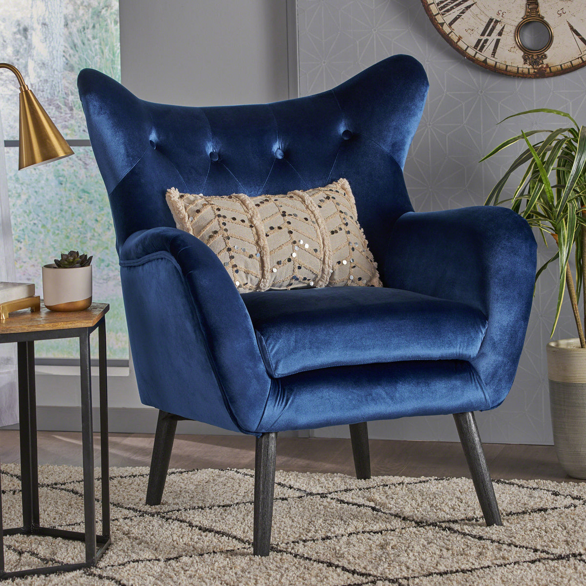 Stylish Arm Chair Upholstered In Navy Blue Velvet