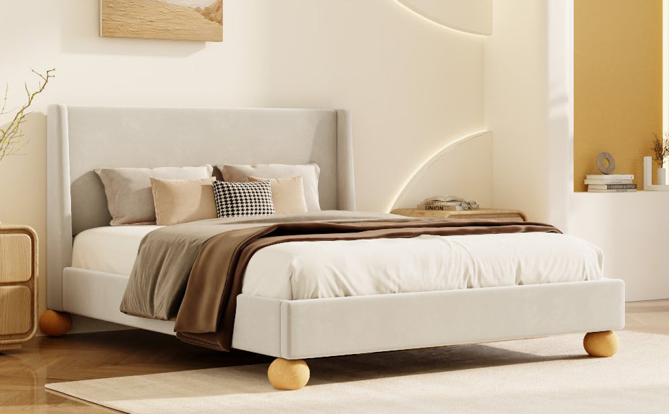 Cream King Modern Velvet Upholstered Platform Bed Frame