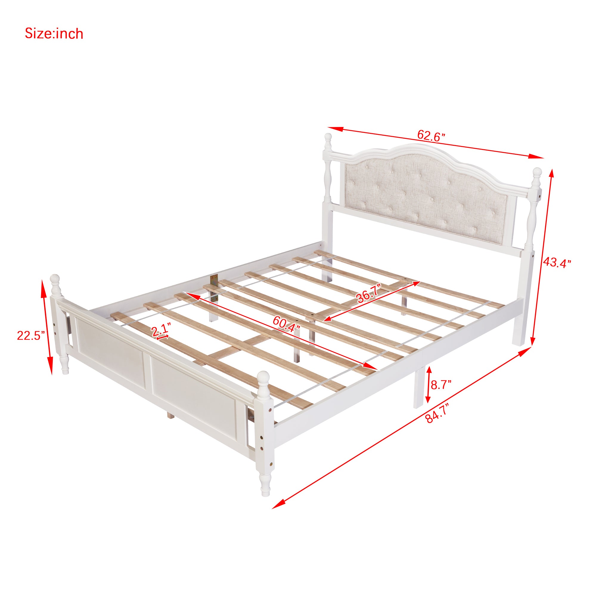 Queen Pine Wooden Bed with Upholstered Headboard and Panel Footboard In White