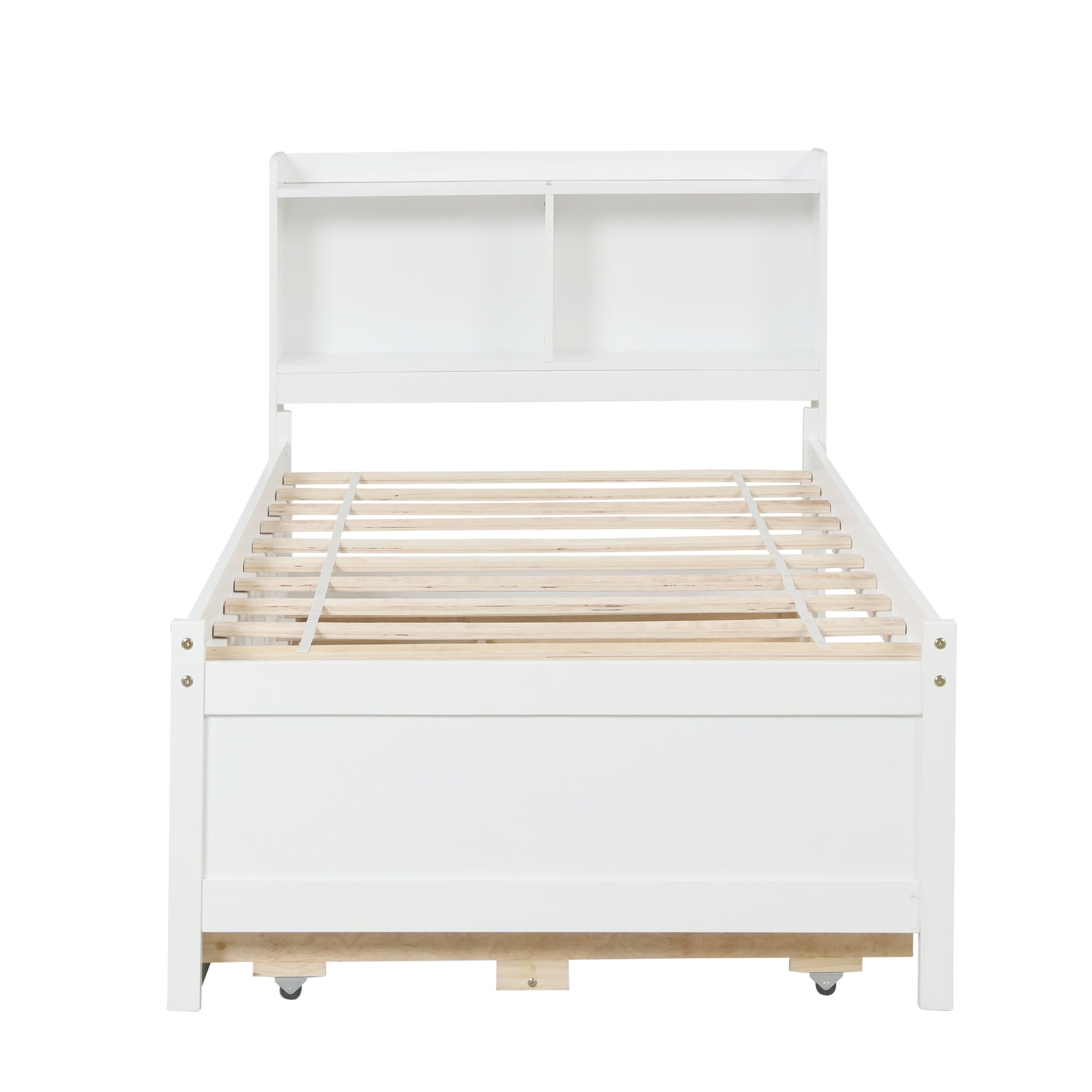 White Twin Bed with Bookcase, Trundle, and Drawers