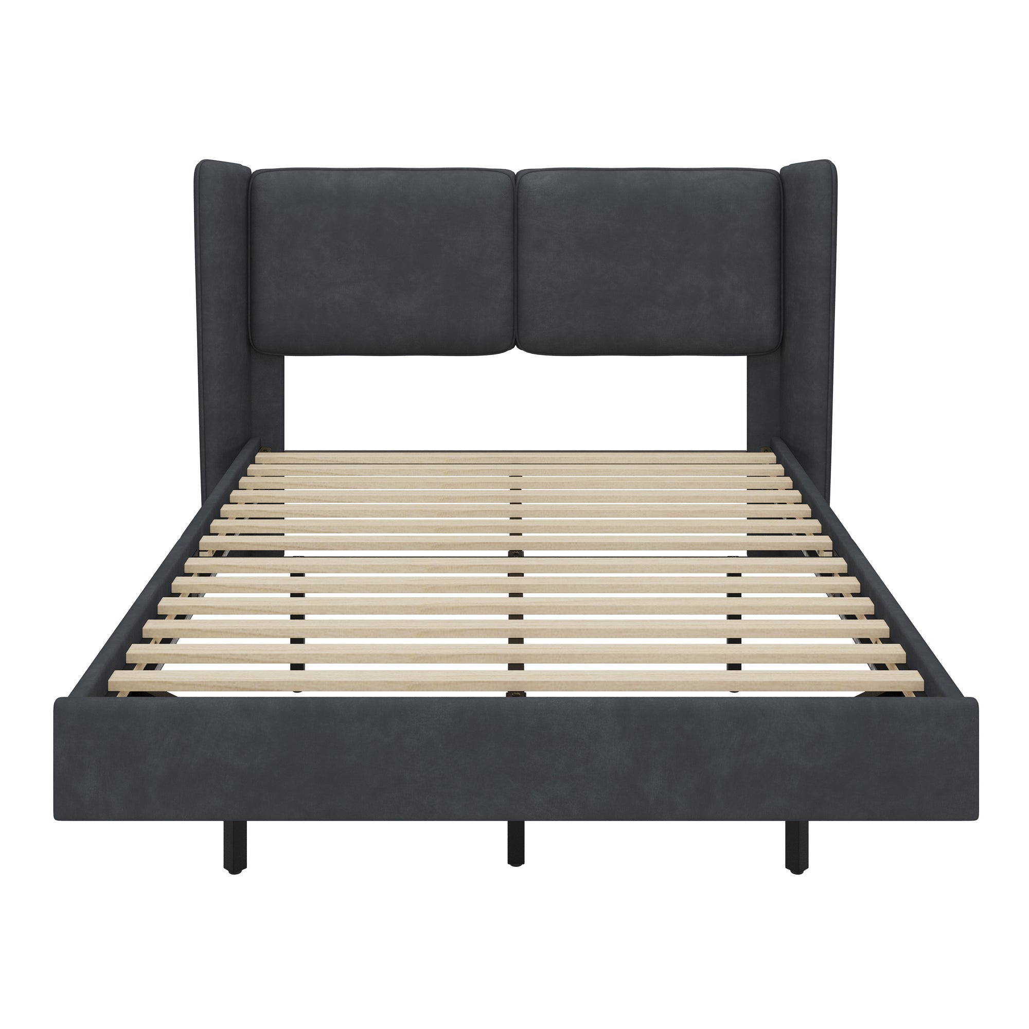 Dark Gray Velvet Queen Size Floating Platform Bed Frame with LED Lighting