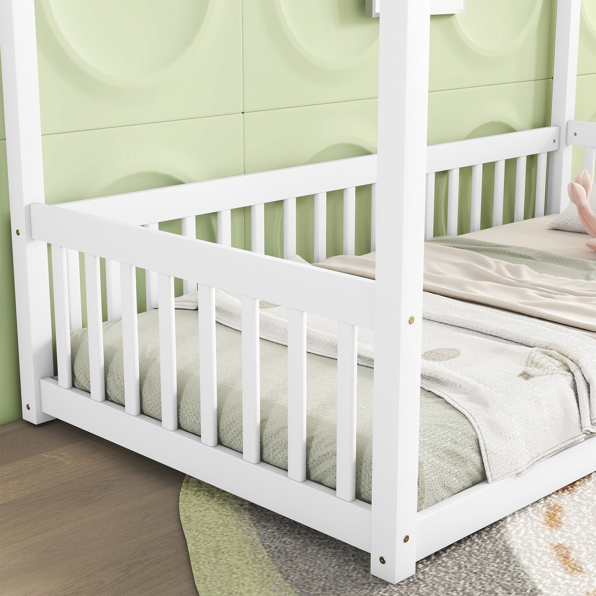 Twin Size White Canopy Frame Floor Bed with Fence and Guardrails