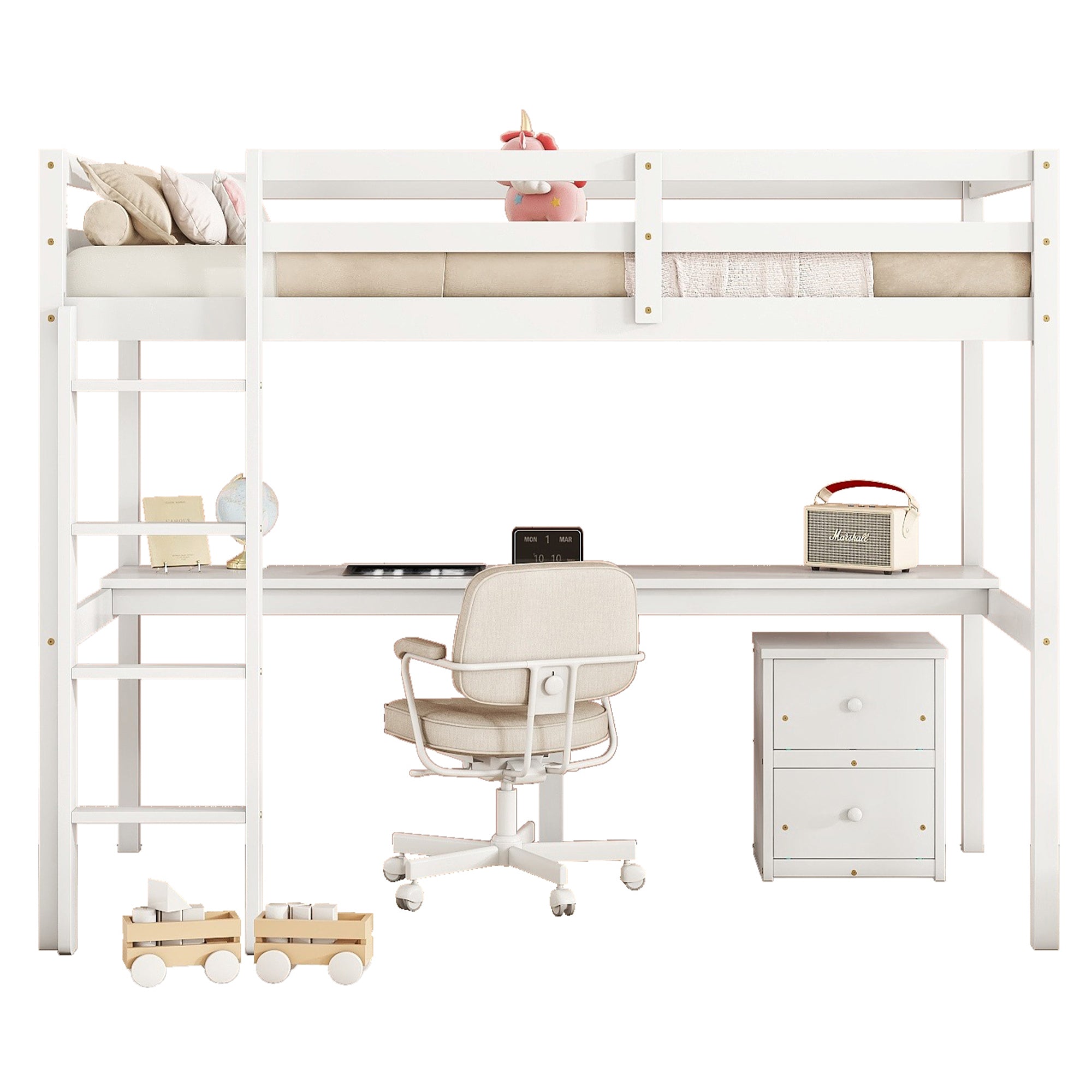 White Twin Loft Bed with Built-in Desk, Storage Cabinet, Guardrails & Ladder