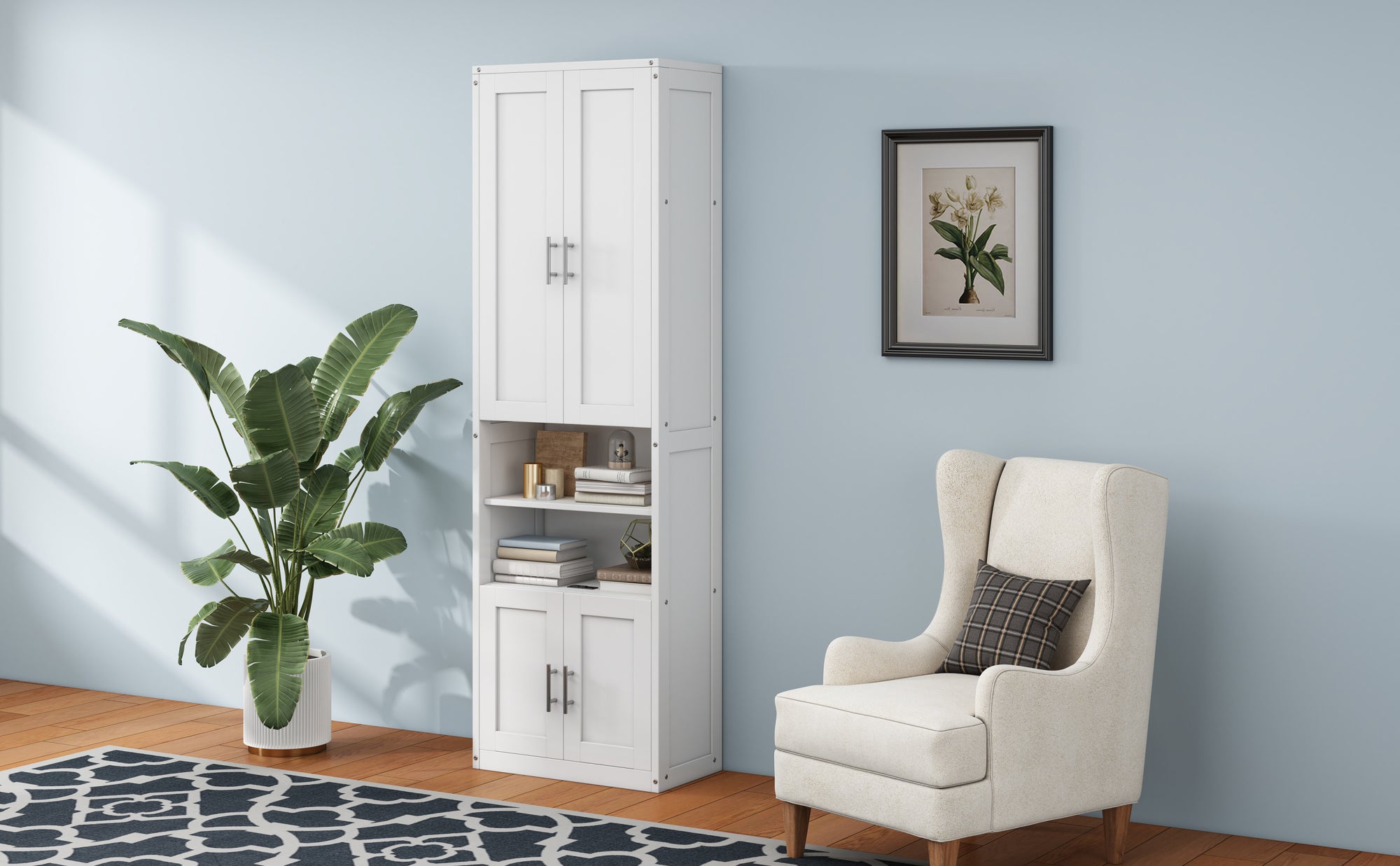 White Queen Size Murphy Bed with Cabinet, Desk, and Side Cabinet