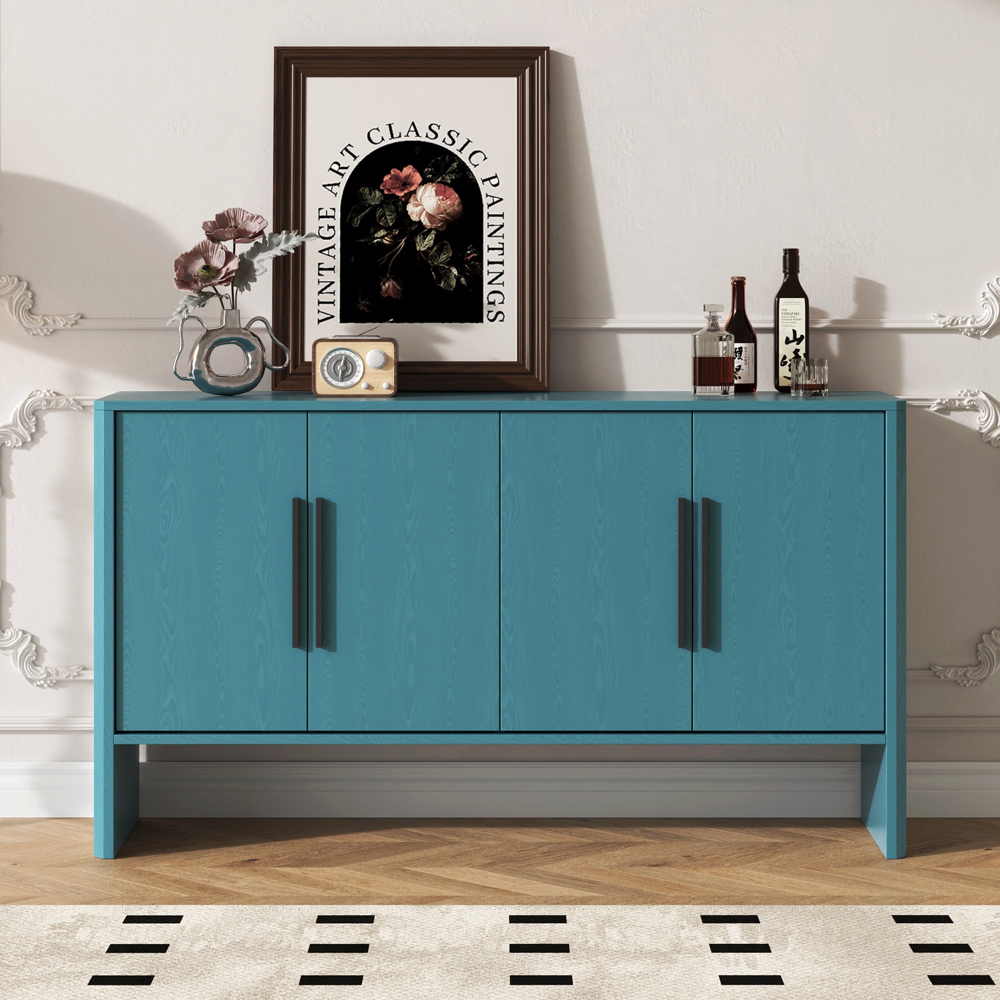 Retro Wood Sideboard Buffet Cabinet with Storage and Adjustable Shelves In Antique Blue