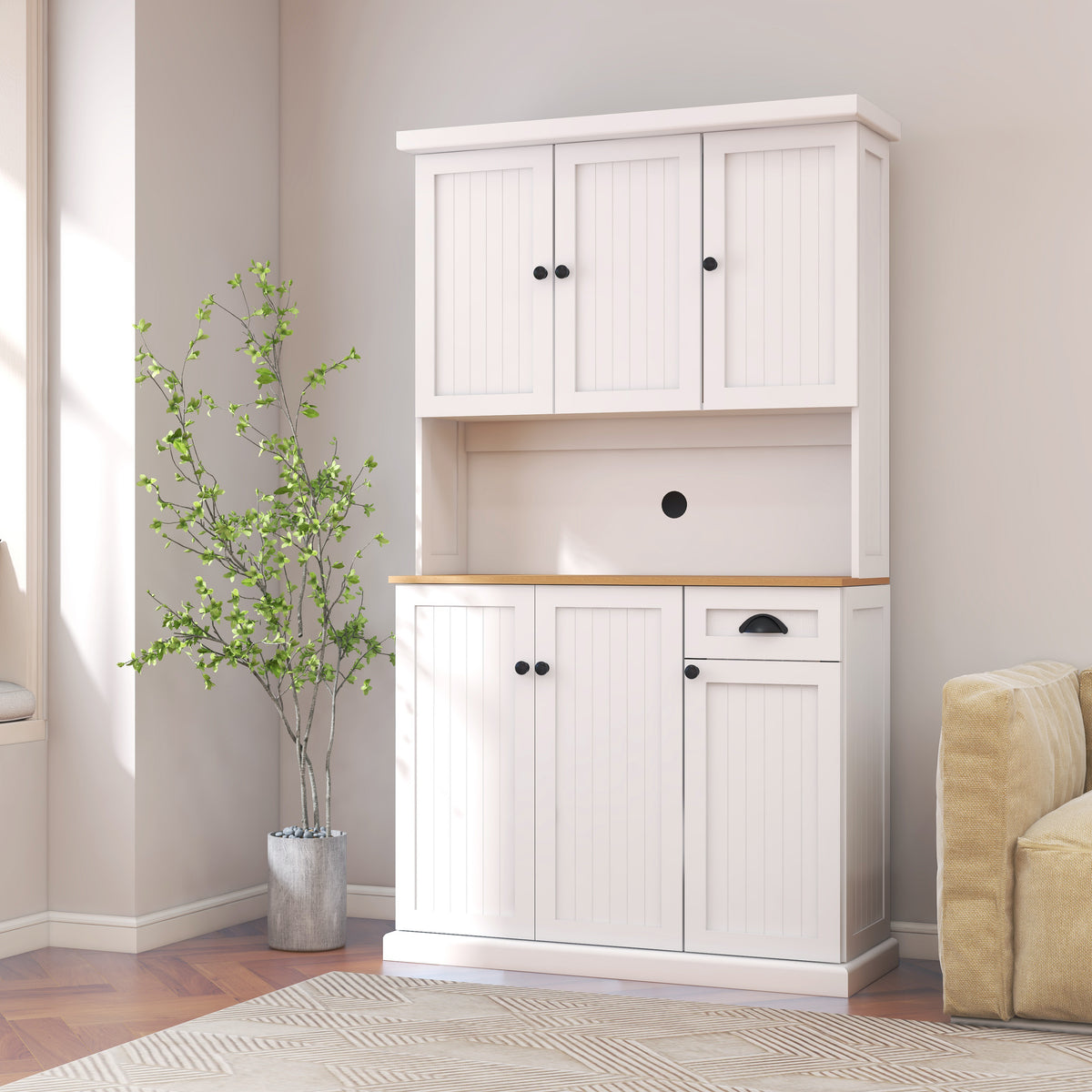 71 Inch Kitchen Pantry Storage Cabinet with Microwave Countertop and Adjustable Shelves In White