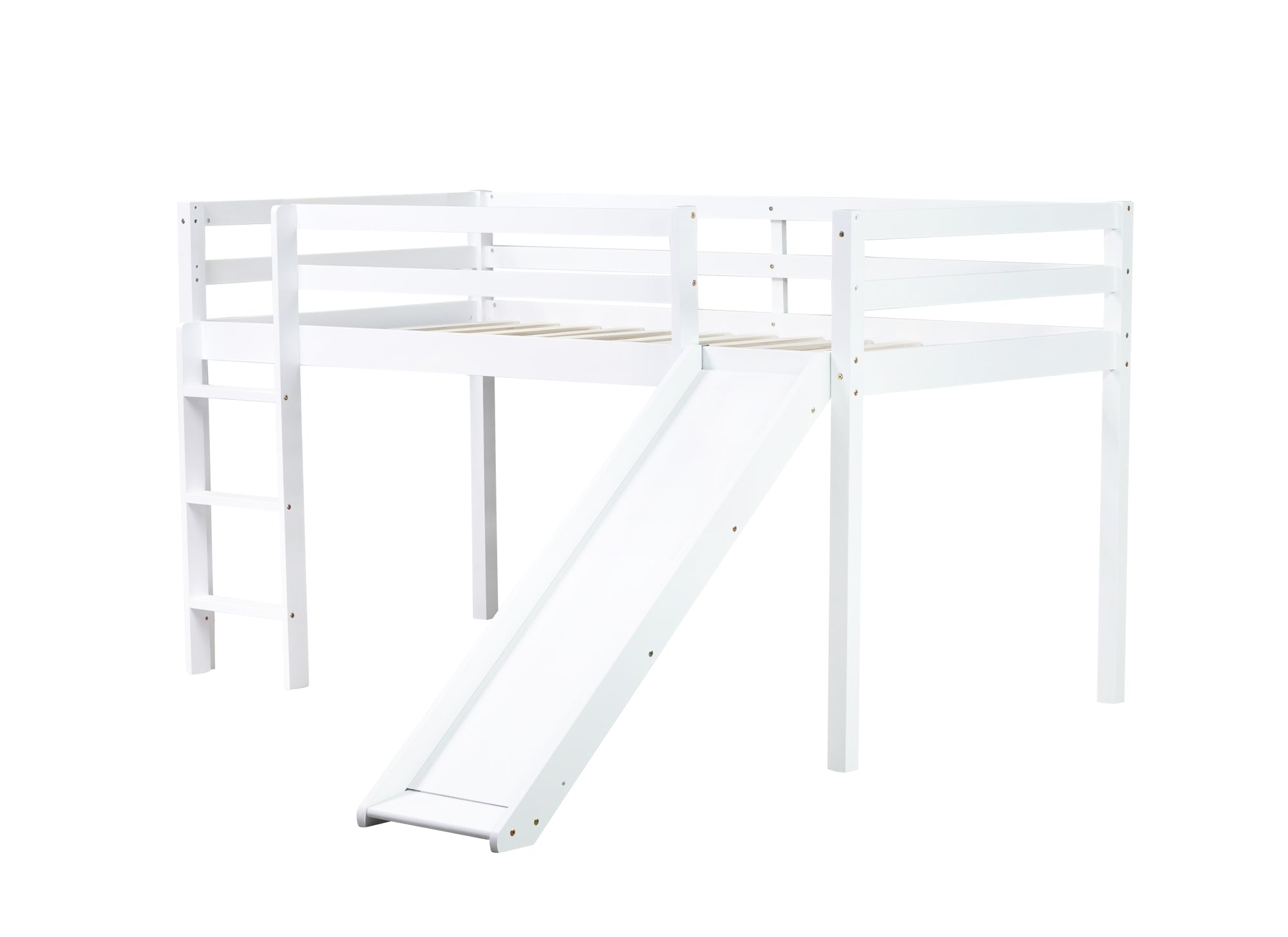 White Twin Low Loft Bed with Slide, Ladder, and Guardrails