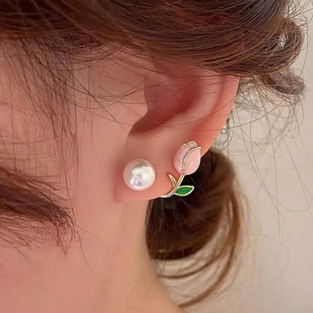 Tulip Pearl Stud Earrings Purple Floral Pearl Earrings