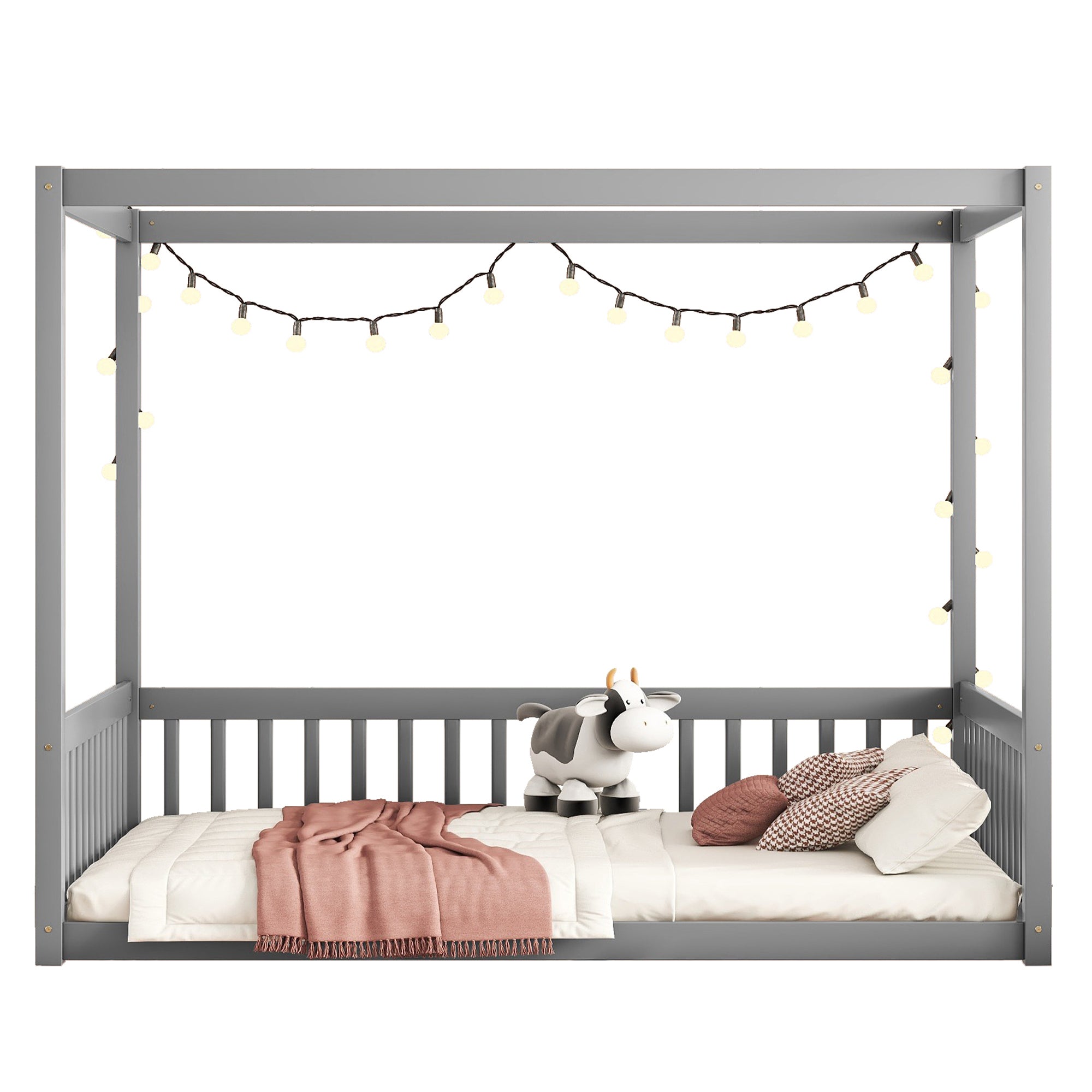 Full Size Canopy Frame Floor Bed with Fence and Guardrails in Gray