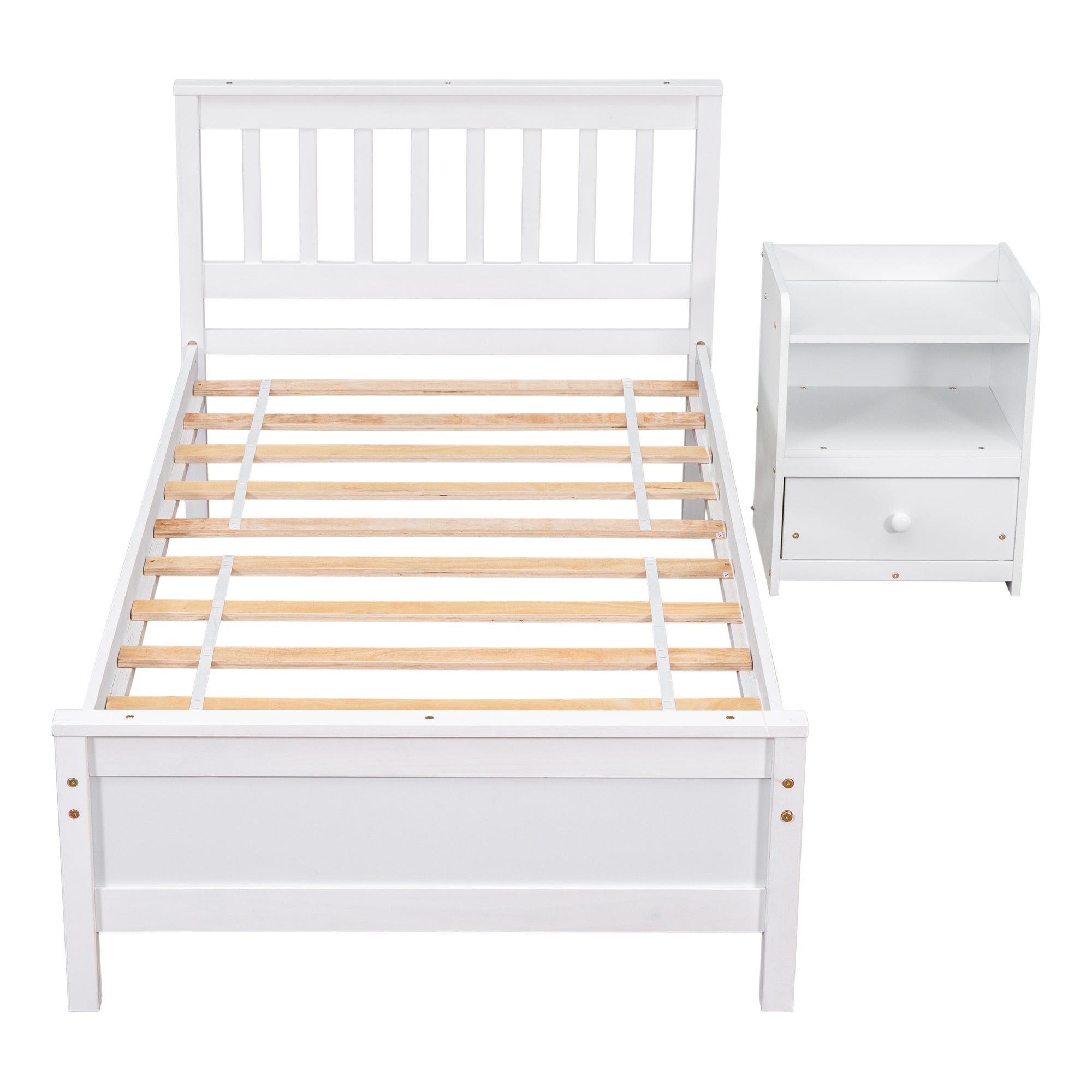 White Twin Bed with Headboard, Footboard, and Nightstand