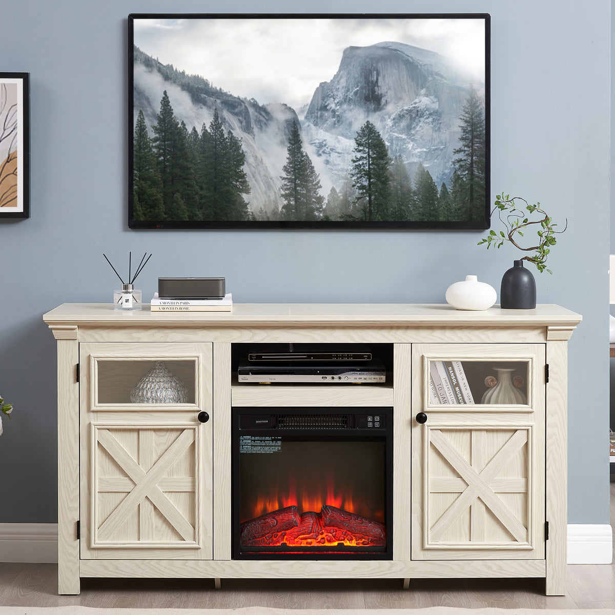 2 Doors Farmhouse TV Stand with Fireplace Insert In White